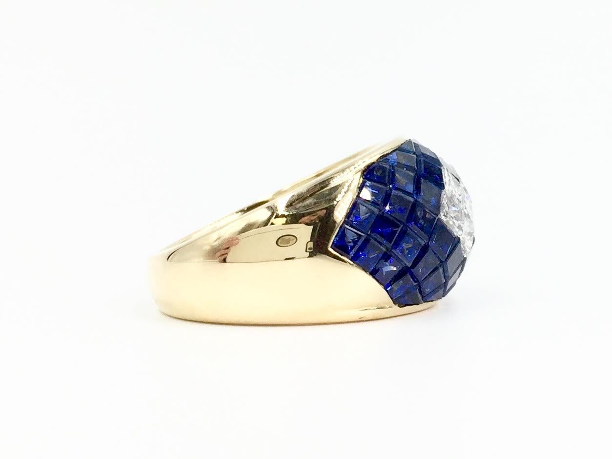Modern 18 Karat Blue Sapphire and Diamond Illusion Set Wide Ring For Sale