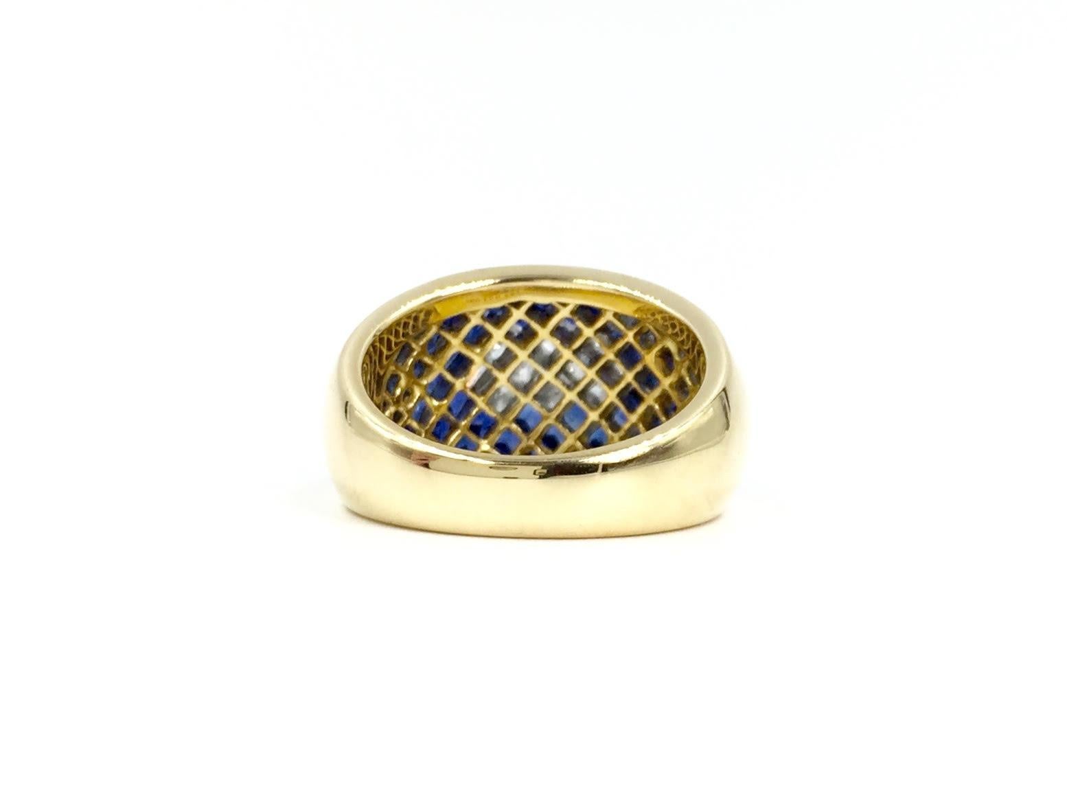 Princess Cut 18 Karat Blue Sapphire and Diamond Illusion Set Wide Ring For Sale