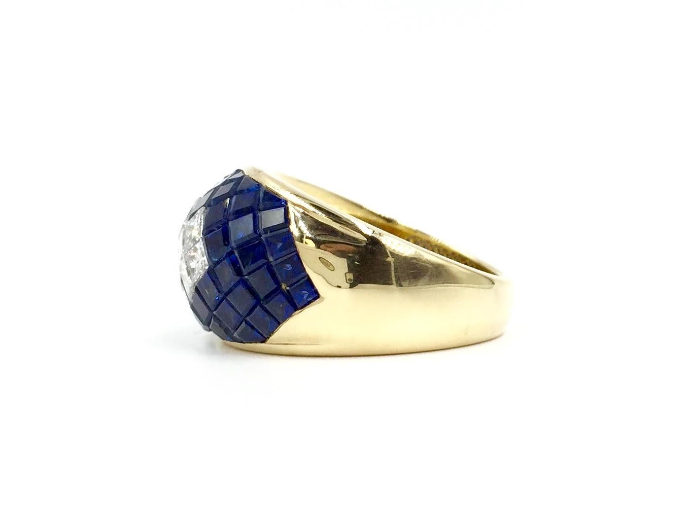 18 Karat Blue Sapphire and Diamond Illusion Set Wide Ring In Good Condition For Sale In Pikesville, MD