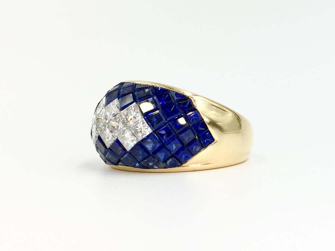 Women's 18 Karat Blue Sapphire and Diamond Illusion Set Wide Ring For Sale