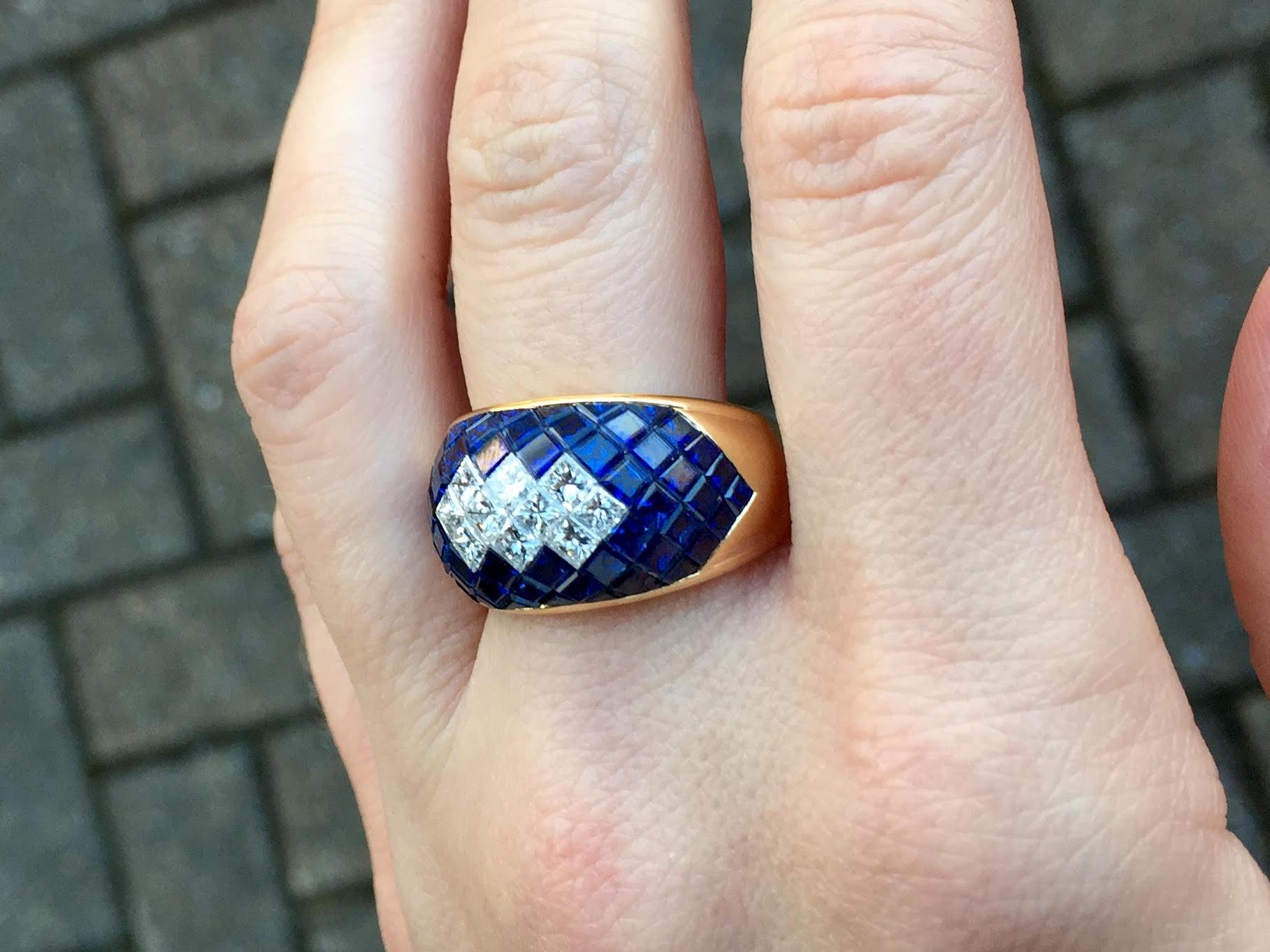 18 Karat Blue Sapphire and Diamond Illusion Set Wide Ring For Sale 3