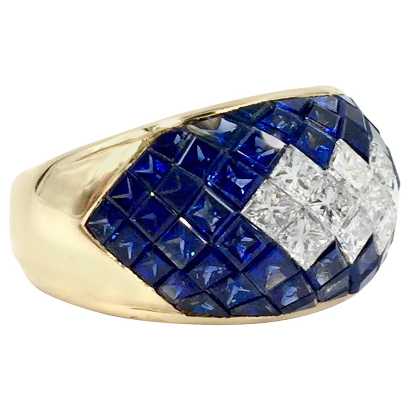 18 Karat Blue Sapphire and Diamond Illusion Set Wide Ring For Sale