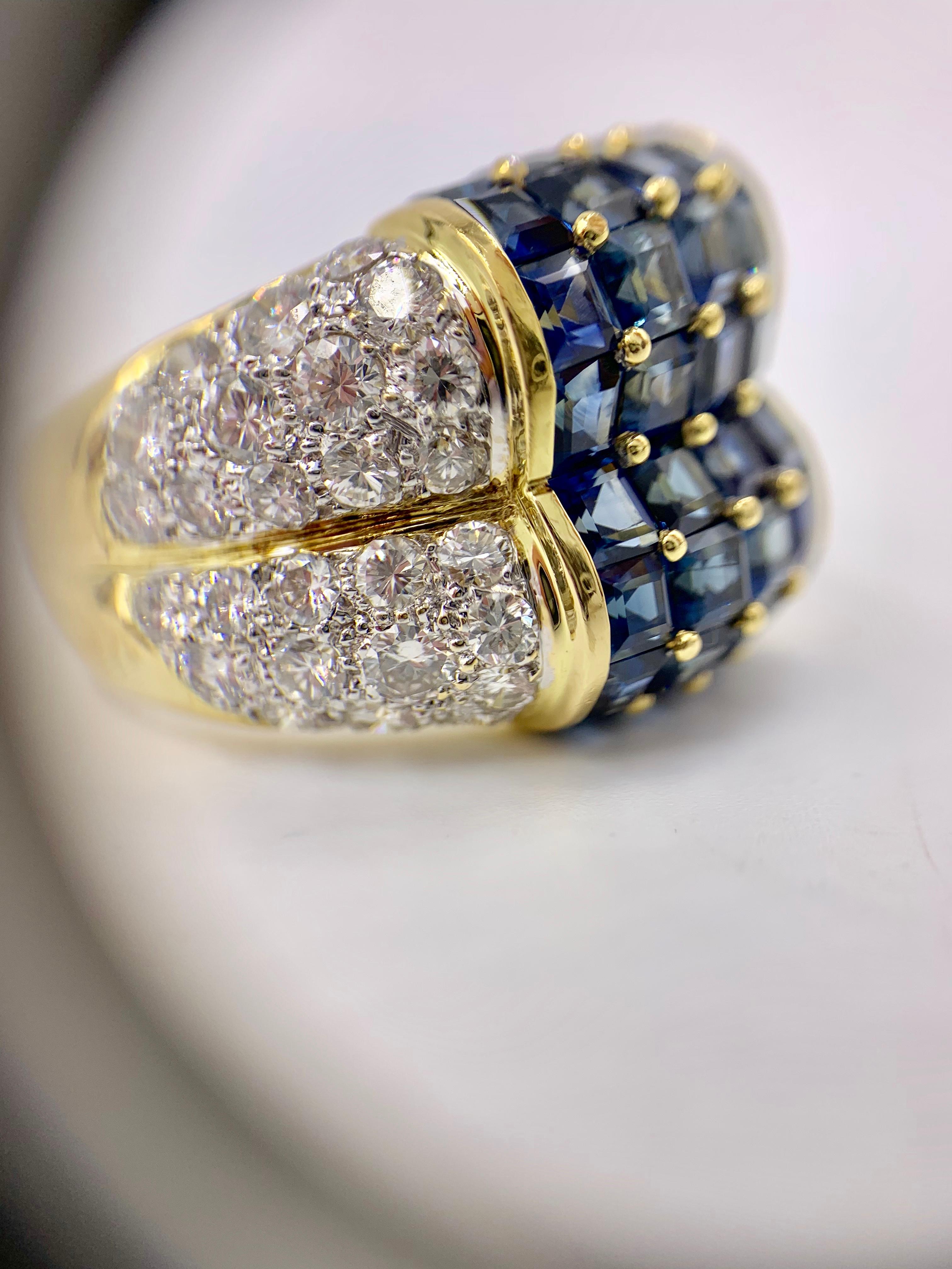 18 Karat Blue Sapphire and Diamond Wide Ring For Sale 6