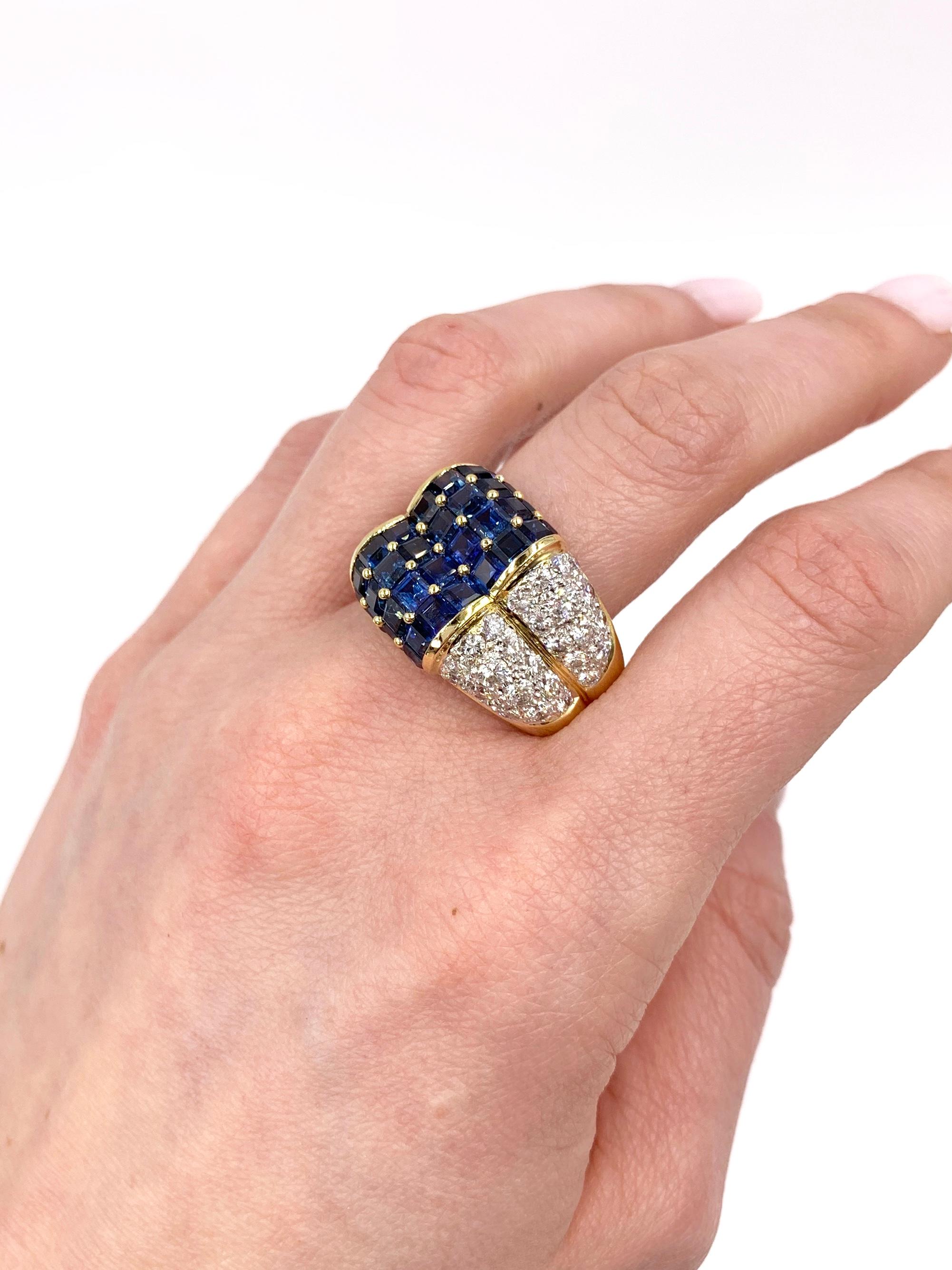 18 Karat Blue Sapphire and Diamond Wide Ring For Sale 8
