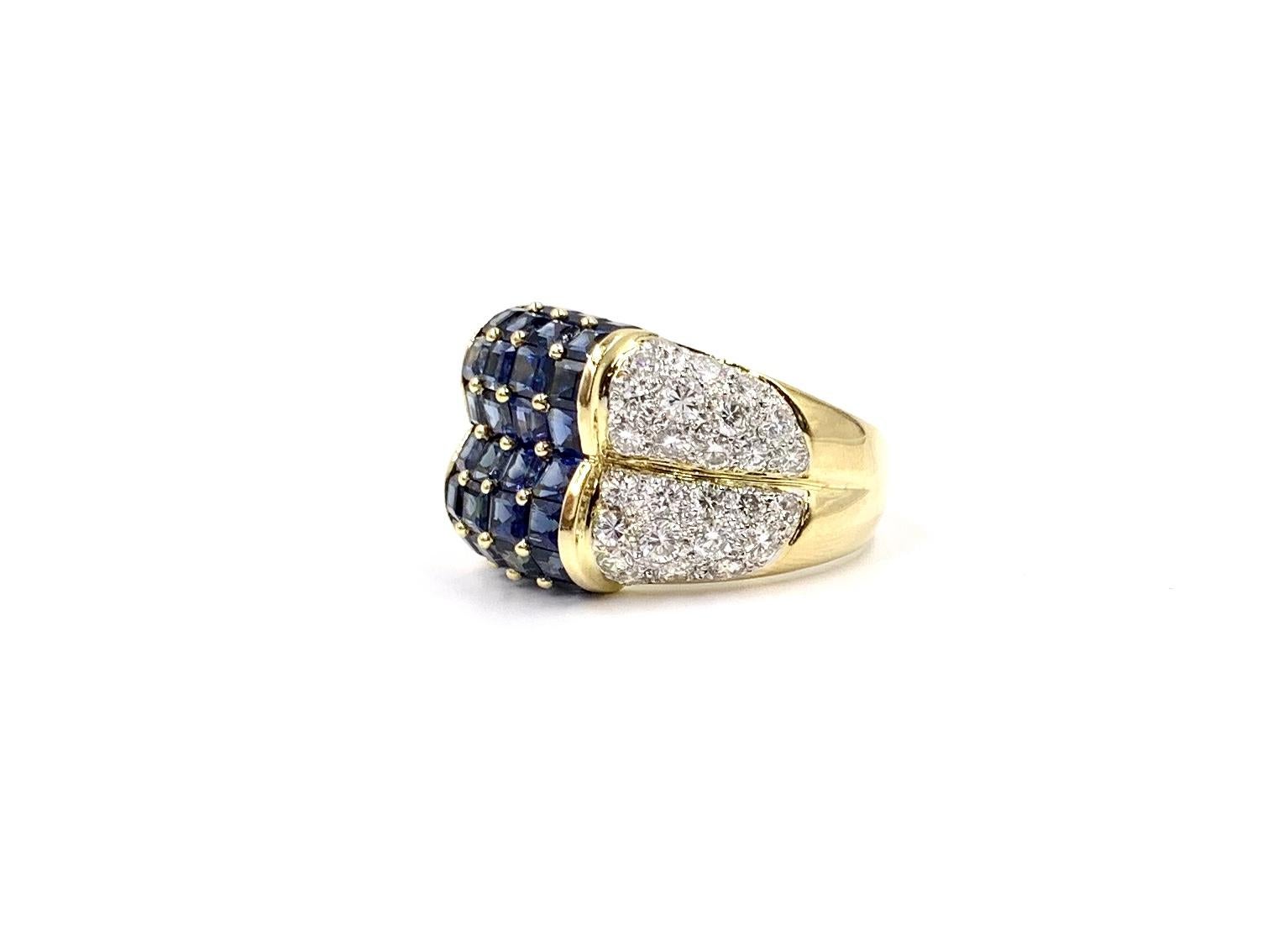 18 Karat Blue Sapphire and Diamond Wide Ring For Sale 1