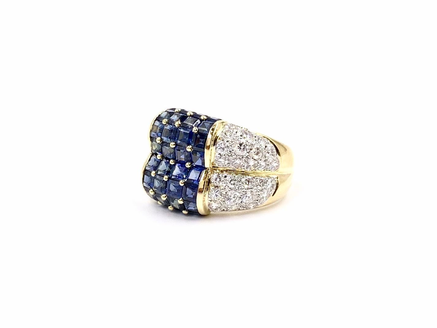 18 Karat Blue Sapphire and Diamond Wide Ring For Sale 2