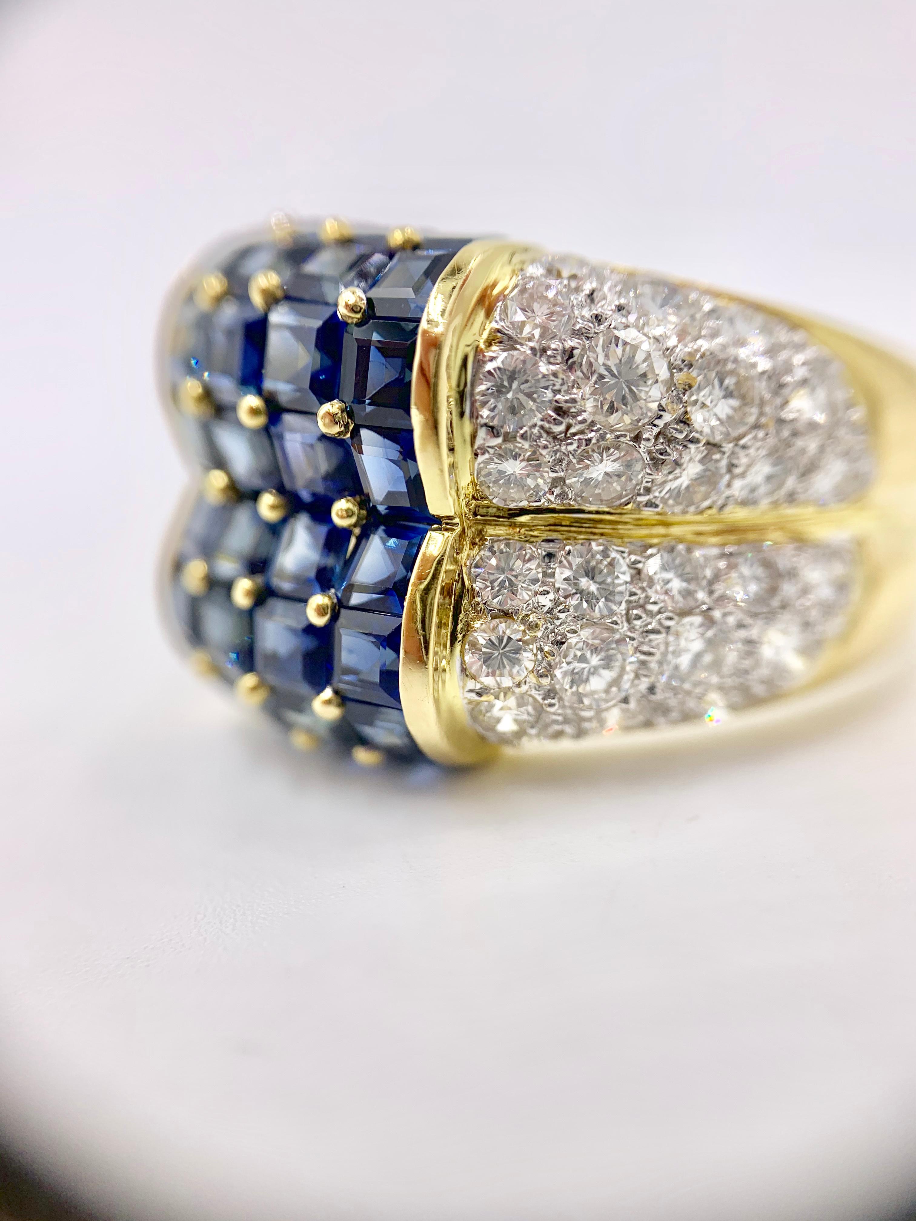 18 Karat Blue Sapphire and Diamond Wide Ring For Sale 3