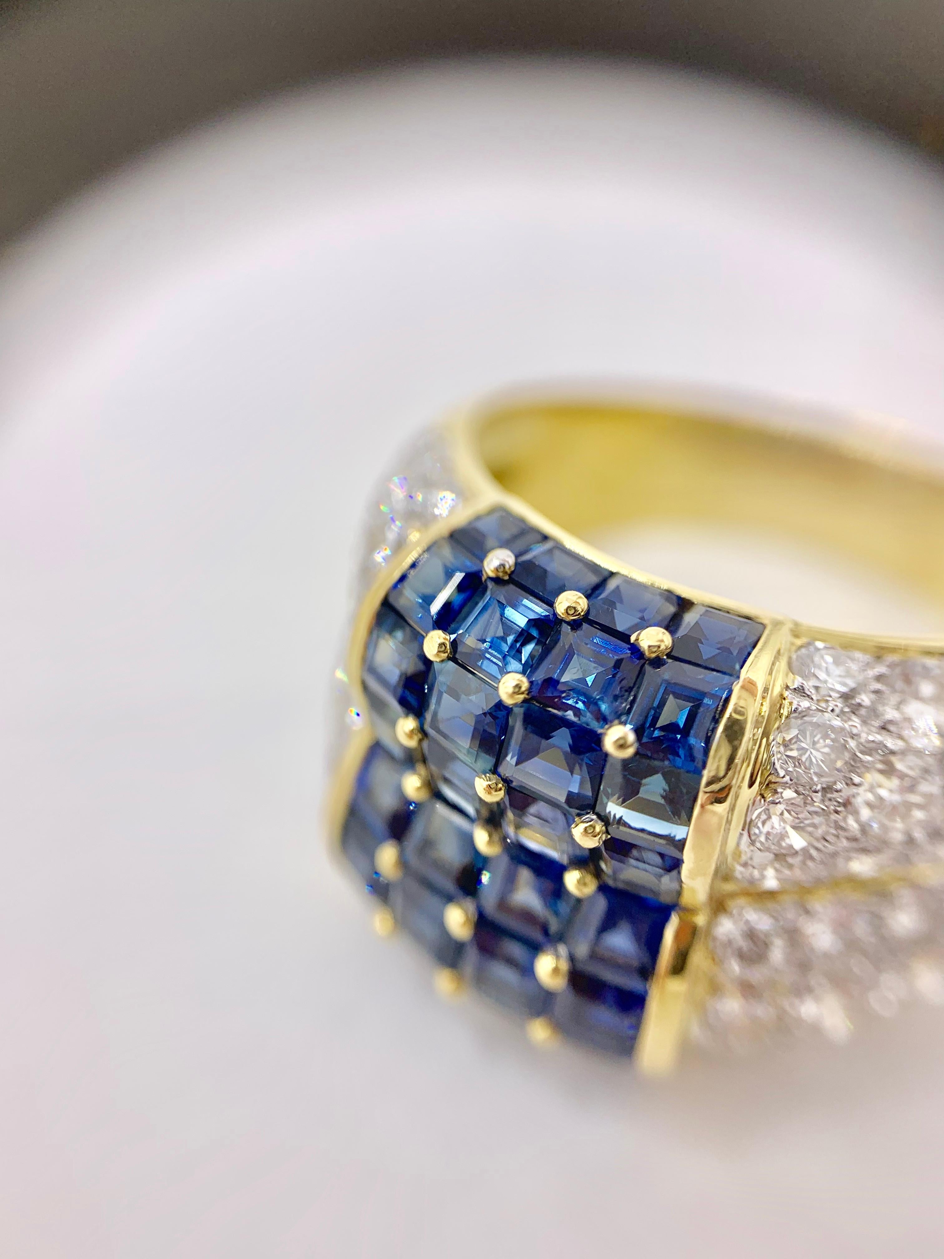 18 Karat Blue Sapphire and Diamond Wide Ring For Sale 4