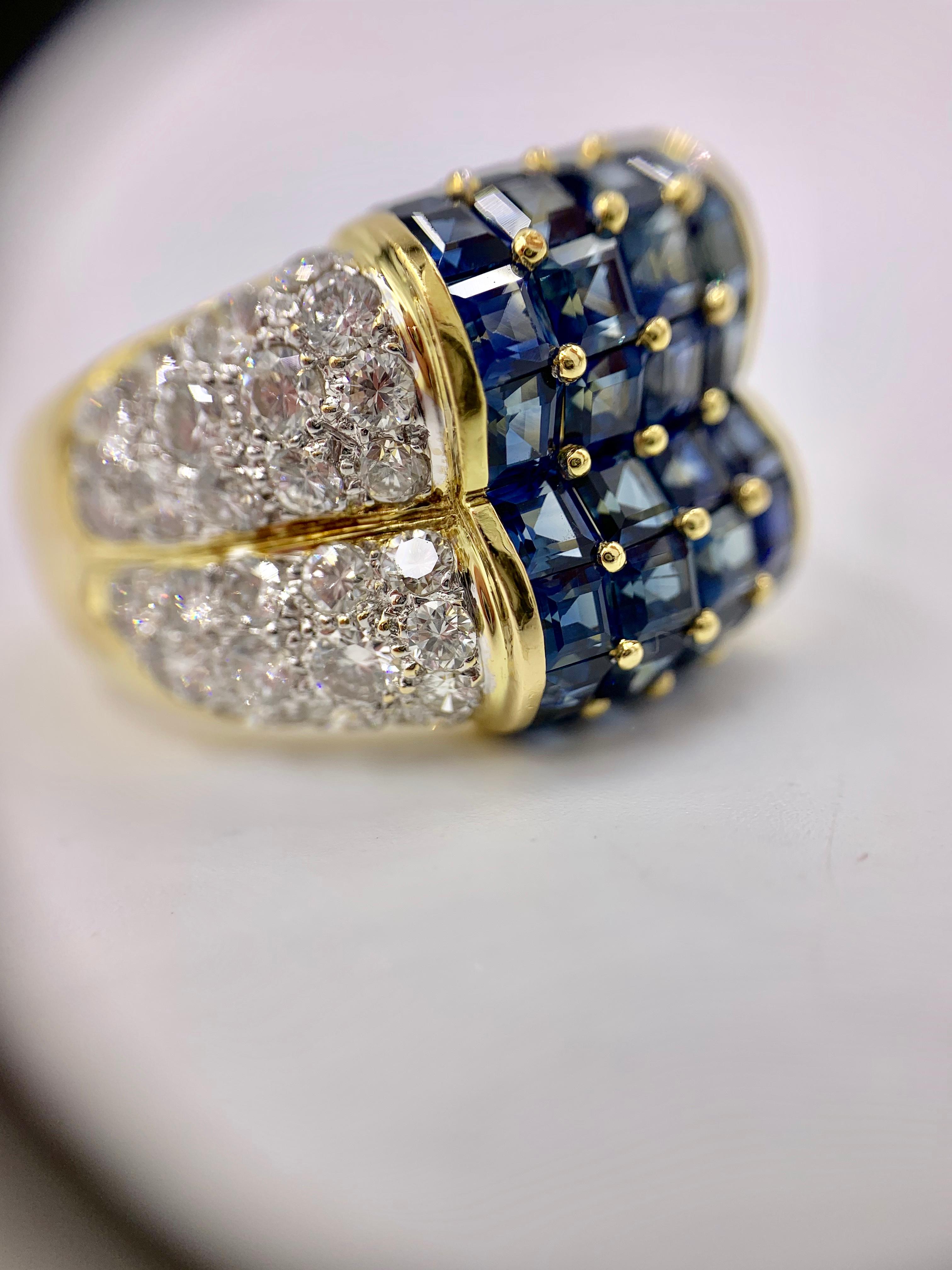 18 Karat Blue Sapphire and Diamond Wide Ring For Sale 5