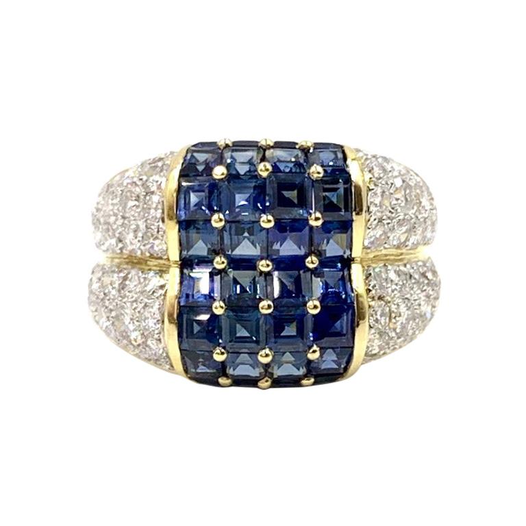 18 Karat Blue Sapphire and Diamond Wide Ring For Sale