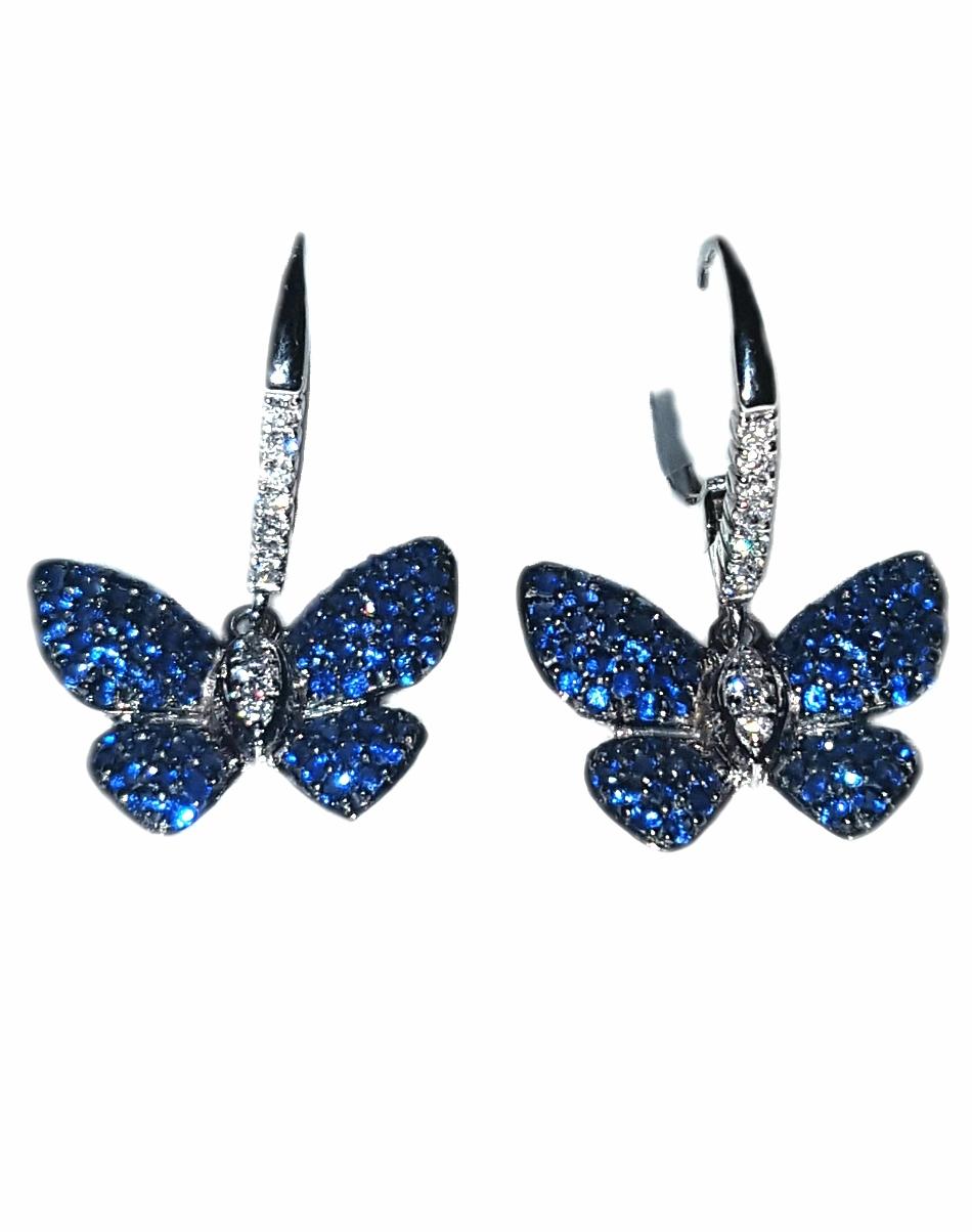 Feminine, fun and flirty!  Float like a butterfly wearing these absolutely wonderful 18 karat white gold pierced earrings in the shape of butterflies.
Butterflies signify rebirth and renewal!  Wings are ombre blue sapphire with white diamond bodies.