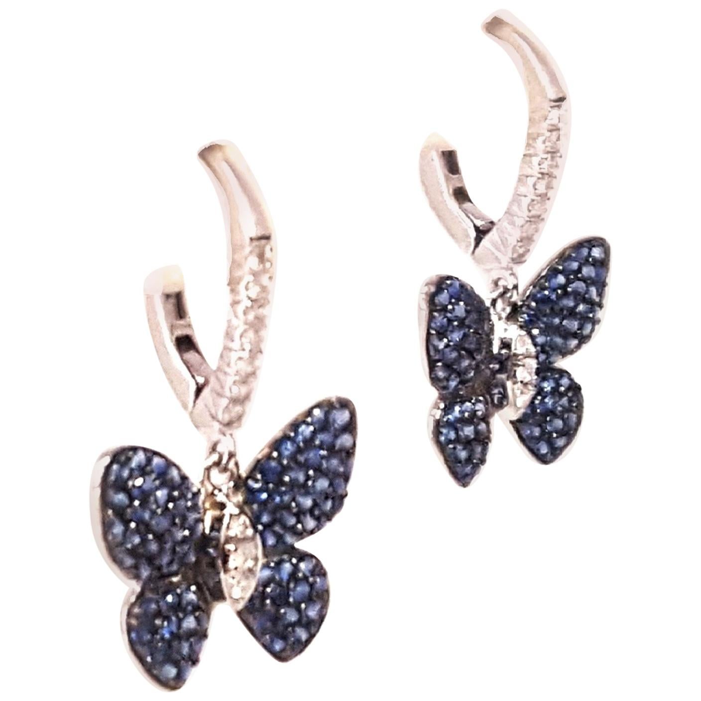 18 Karat Blue Sapphire and White Diamond Pierced Earrings For Sale