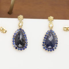 18 Karat Blue Sapphire Earrings sliced vintage Sapphire Yellow Gold