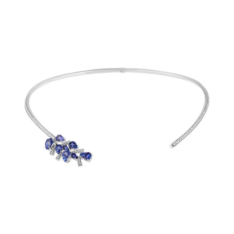 Contemporary 18 Karat Botanica White Gold Necklace with Vs-Gh Diamonds and Blue Tanzanite For Sale