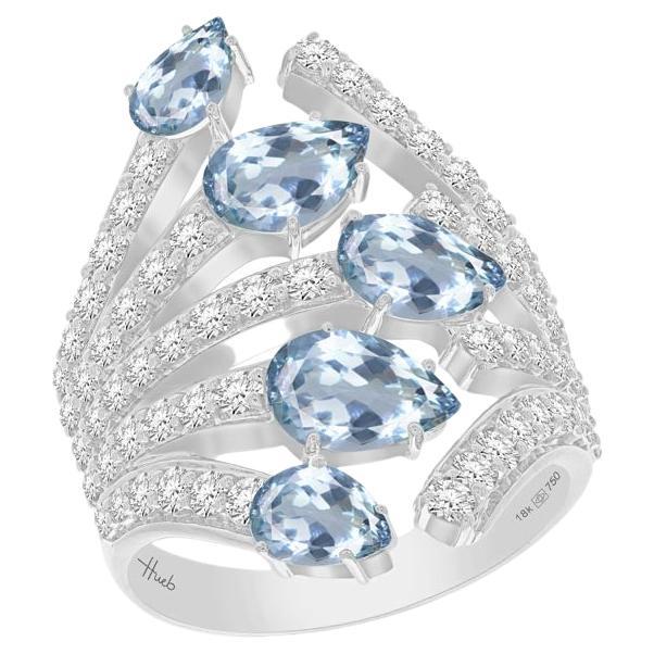 For Sale:  18 Karat Botanica White Gold Ring With Vs-Gh Diamonds And Blue Aquamarine