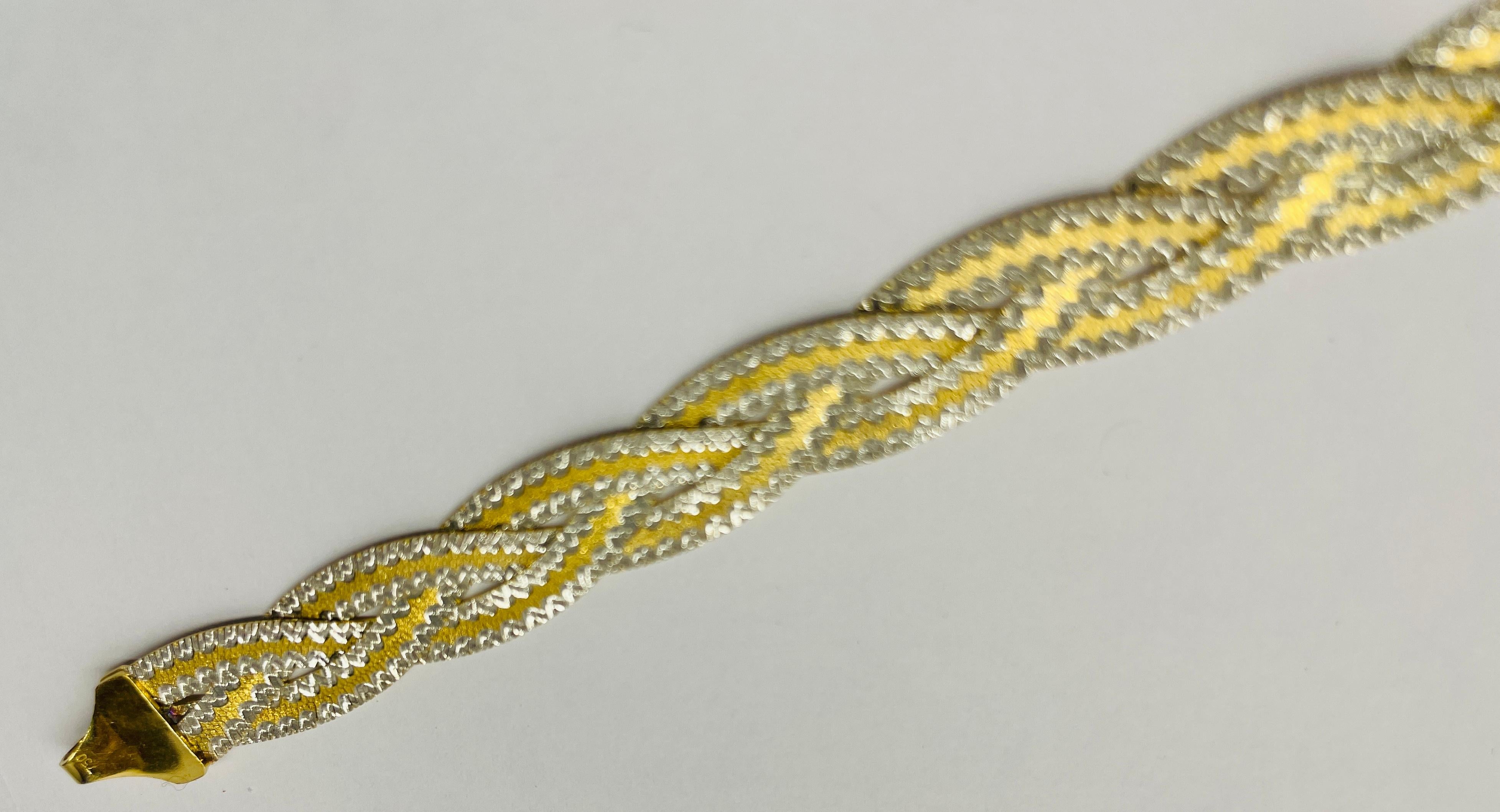 18 karat Bracelet Two Tone Yellow and white gold Braided Reversible French For Sale 4