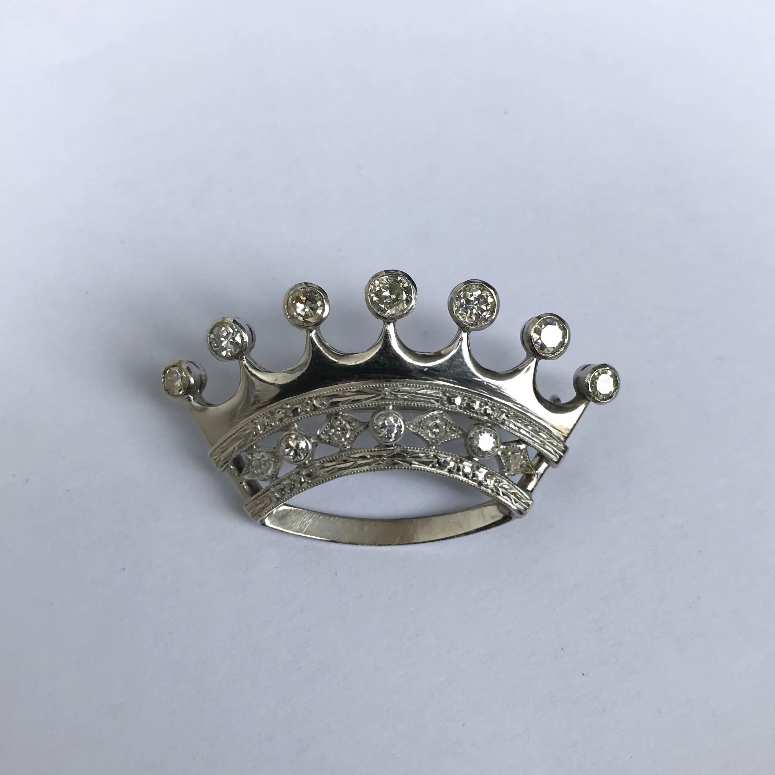 20th Century 18-Karat Brooch in White Gold and Diamonds, Crown-Shaped Pins