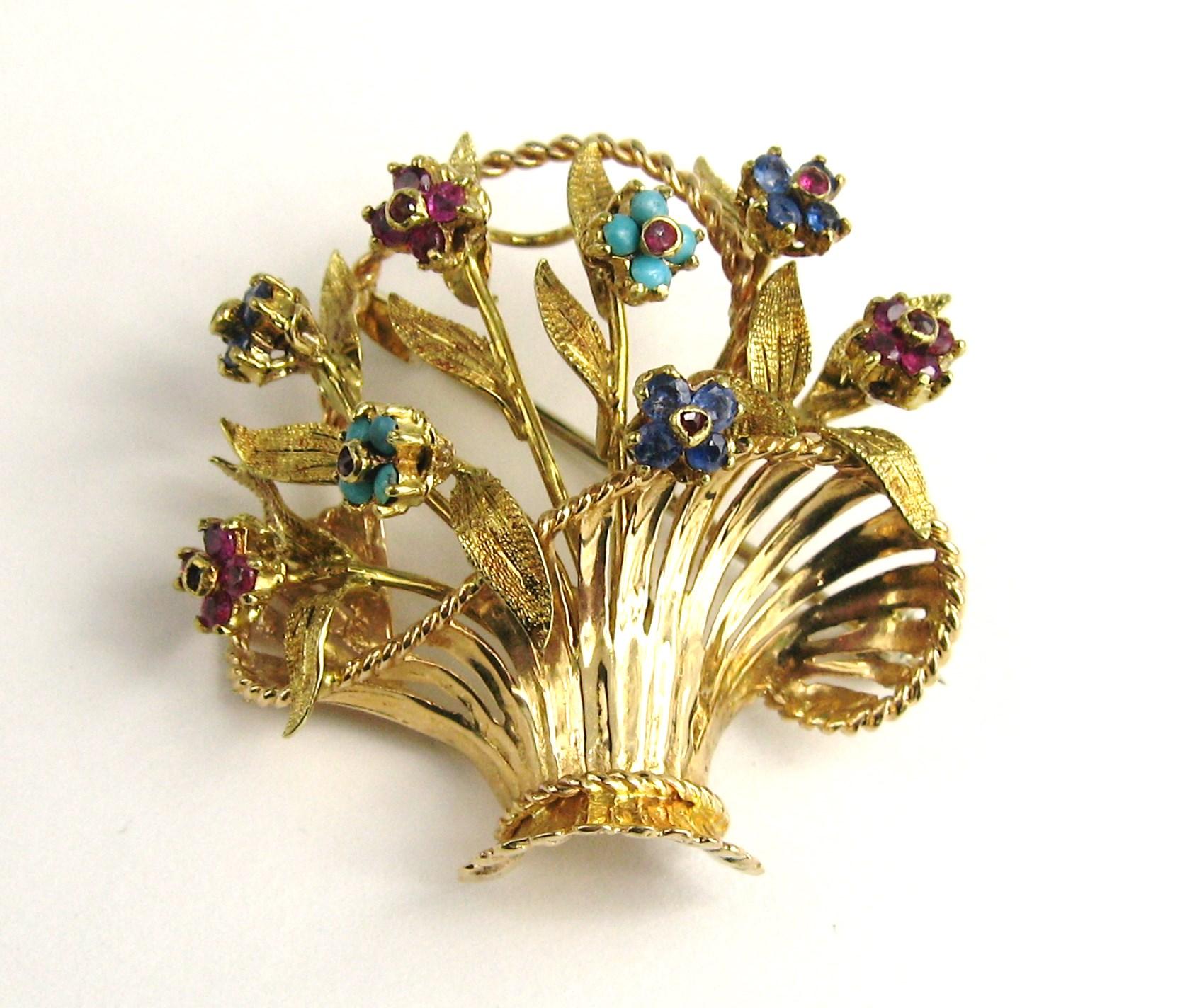 Mixed Cut 18 Karat Brooch Pendant Trembler Basket Pin Sapphire, Ruby, Turquoise For Sale