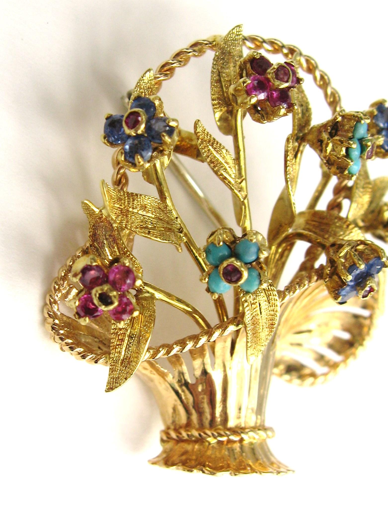 18 Karat Brooch Pendant Trembler Basket Pin Sapphire, Ruby, Turquoise In Good Condition For Sale In Wallkill, NY