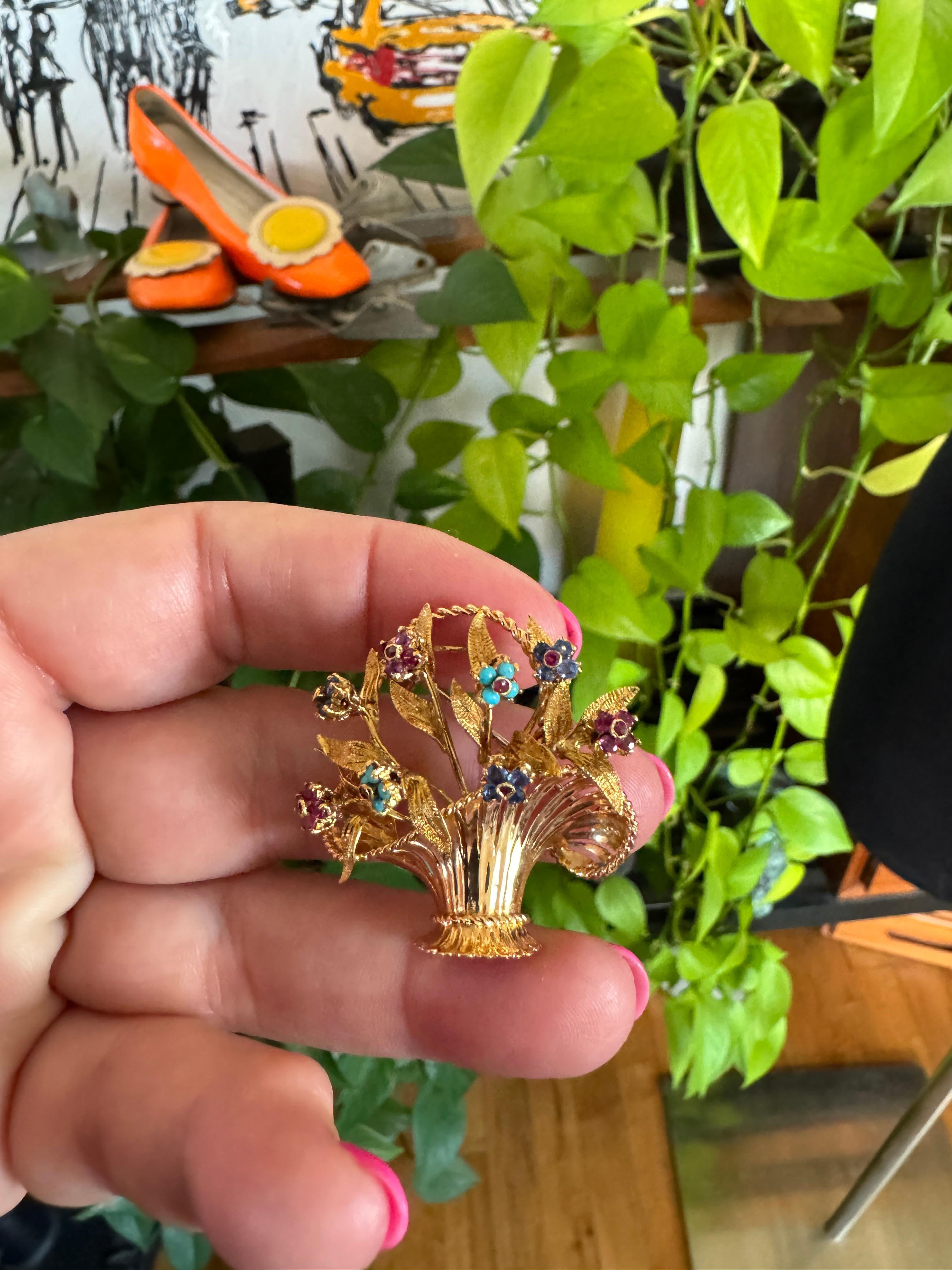18 Quilates Broche Colgante Alfiler Cesta Temblorosa Zafiro, Rubí, Turquesa en venta 2