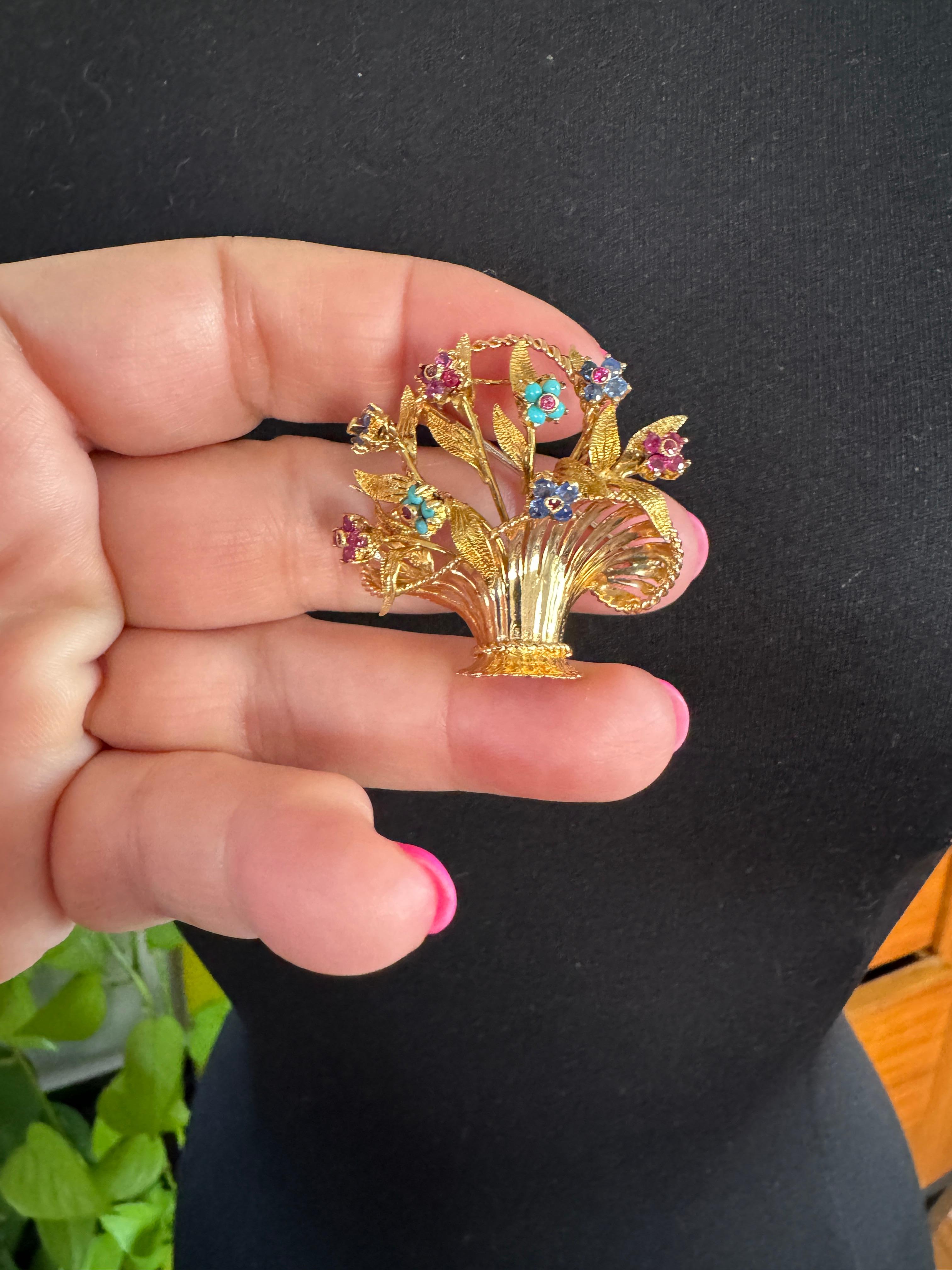 18 Quilates Broche Colgante Alfiler Cesta Temblorosa Zafiro, Rubí, Turquesa en venta 3