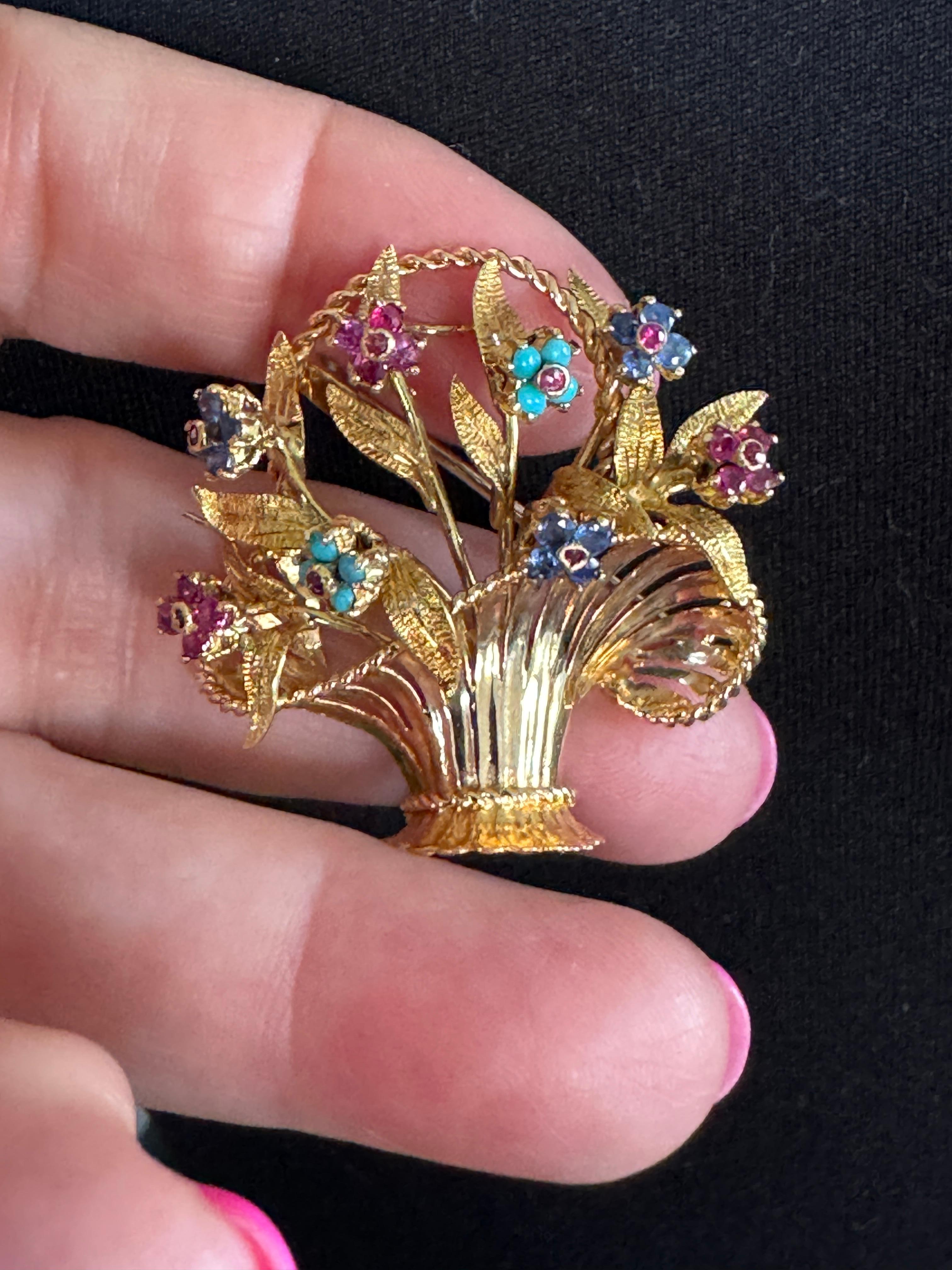 18 Quilates Broche Colgante Alfiler Cesta Temblorosa Zafiro, Rubí, Turquesa en venta 4