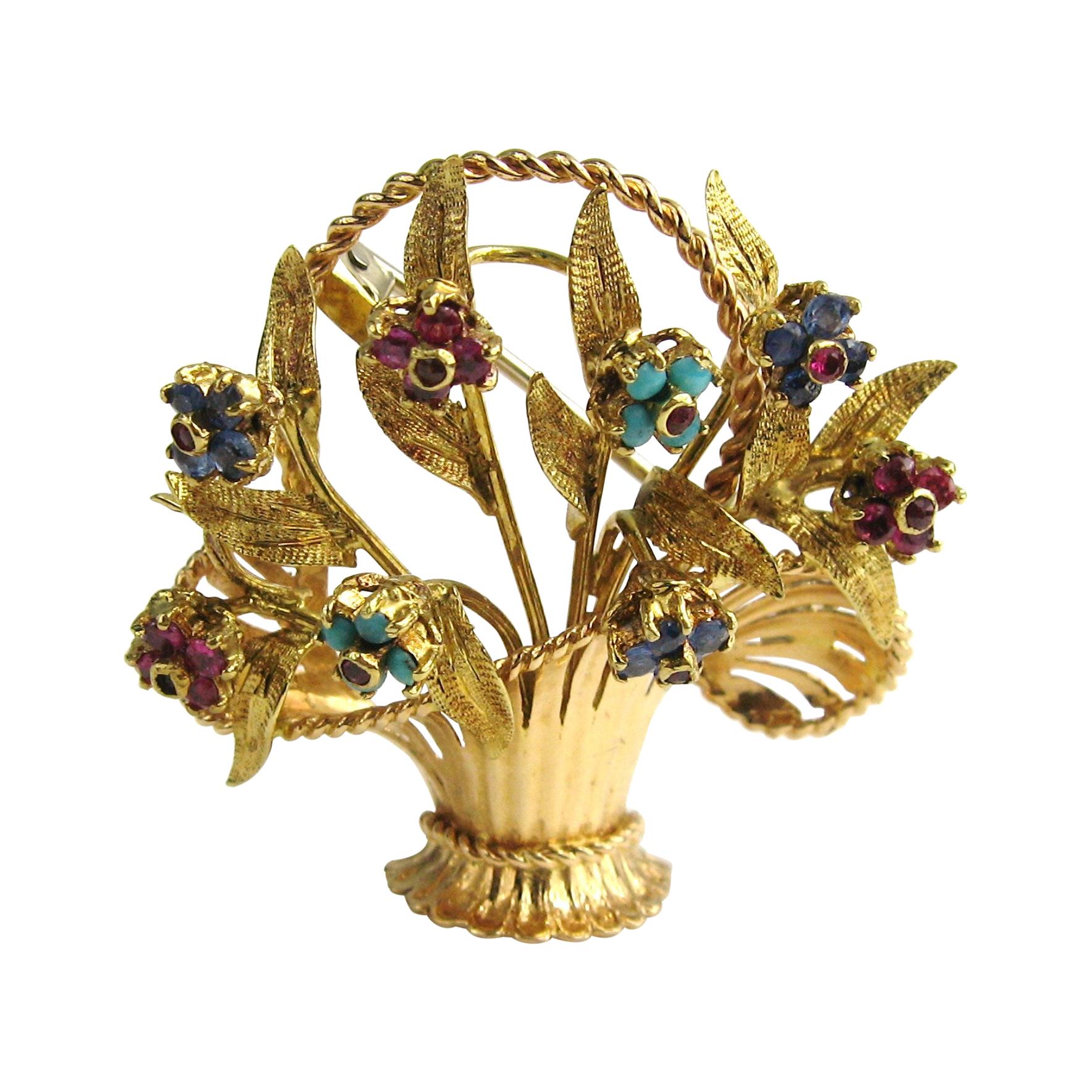 Broche pendentif en forme de panier trembler en or 18 carats, saphir, rubis et turquoise