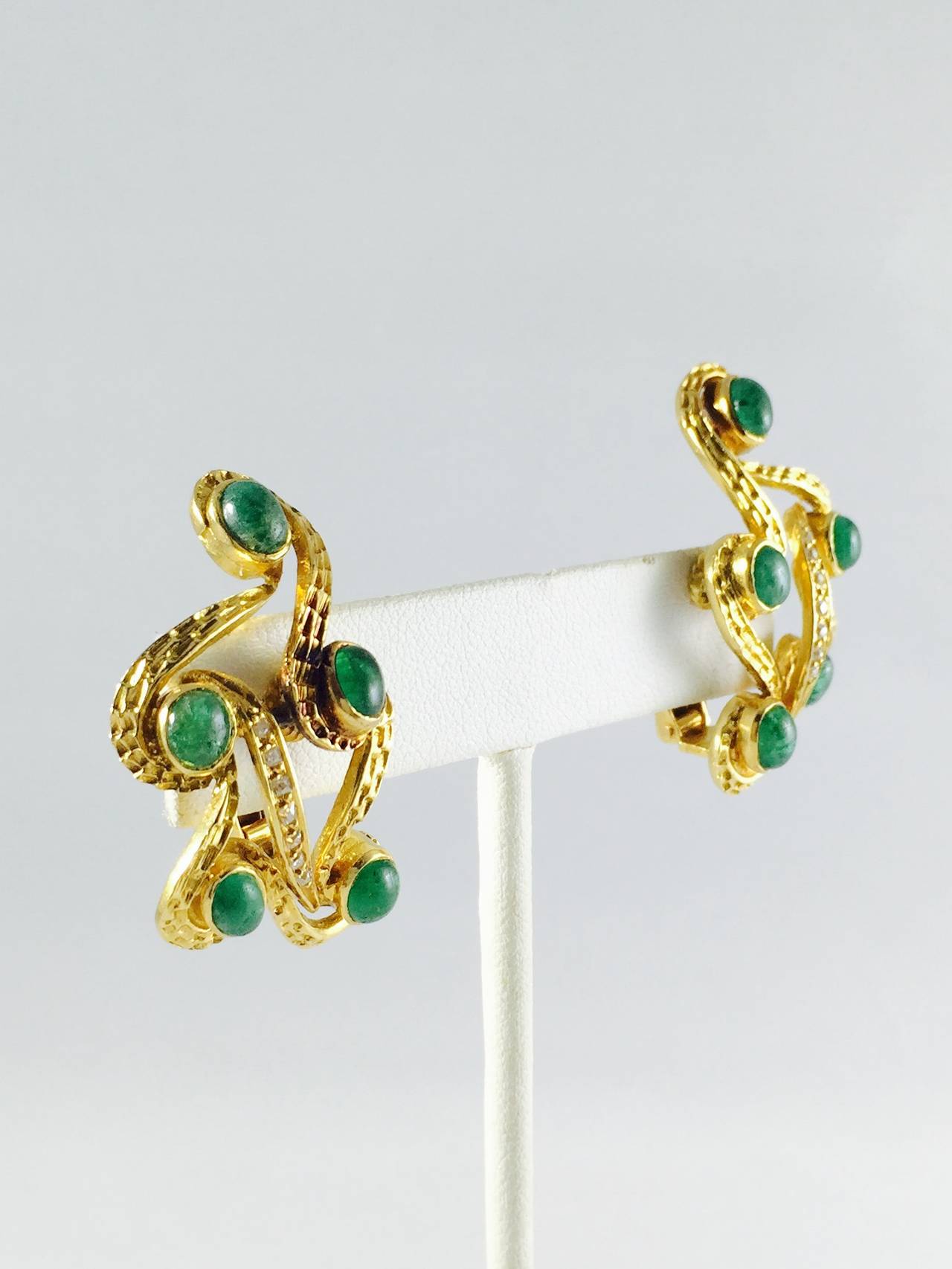 Classical Greek 18 Karat Cabochon Emerald and Diamond Swirl Clip Earrings