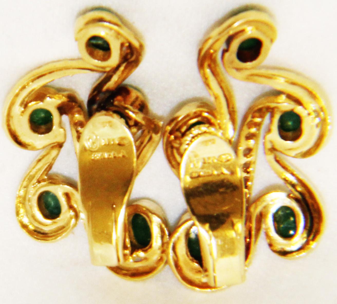 Women's 18 Karat Cabochon Emerald and Diamond Swirl Clip Earrings