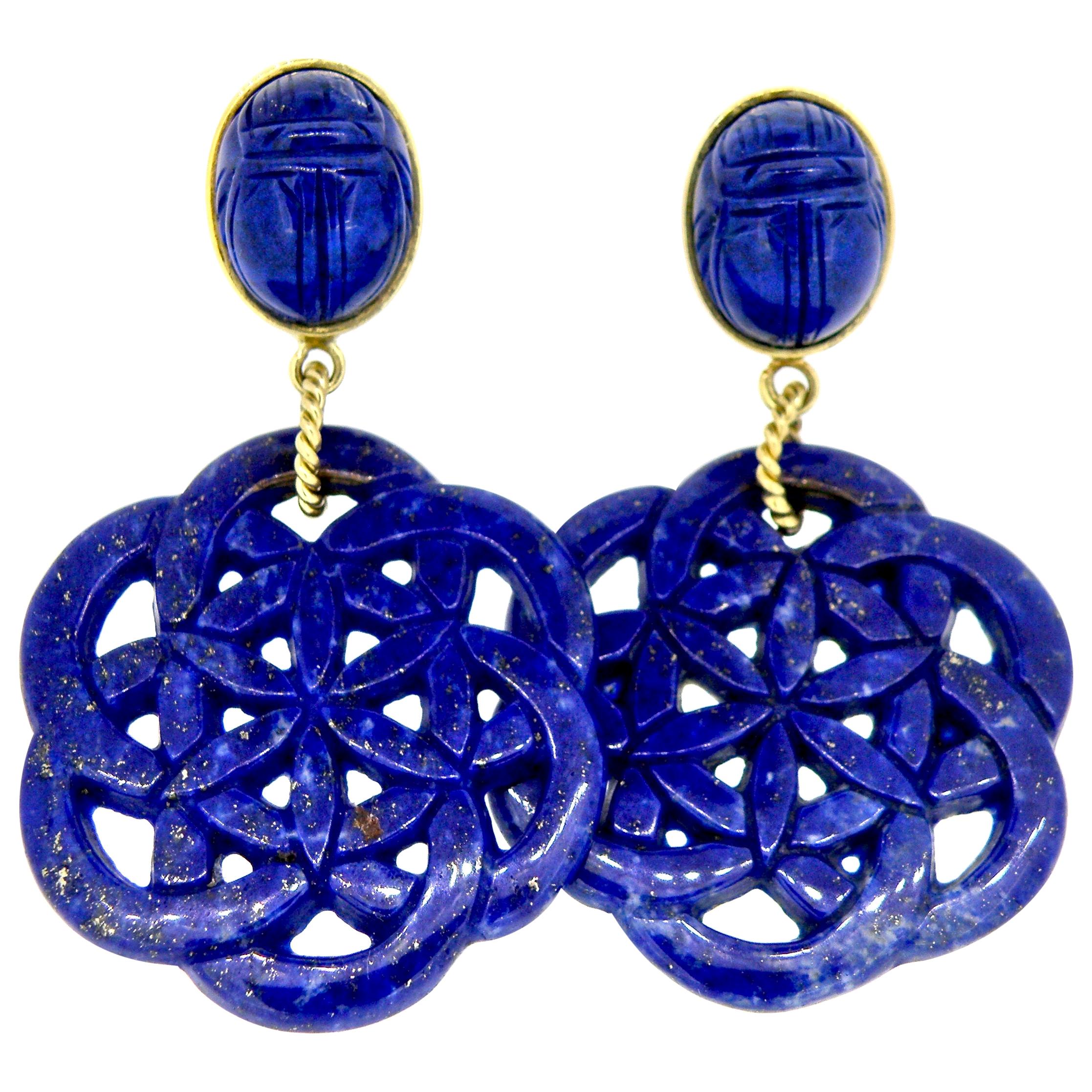 18 Karat Carved Lapis Lazuli Scarab Drop Earrings