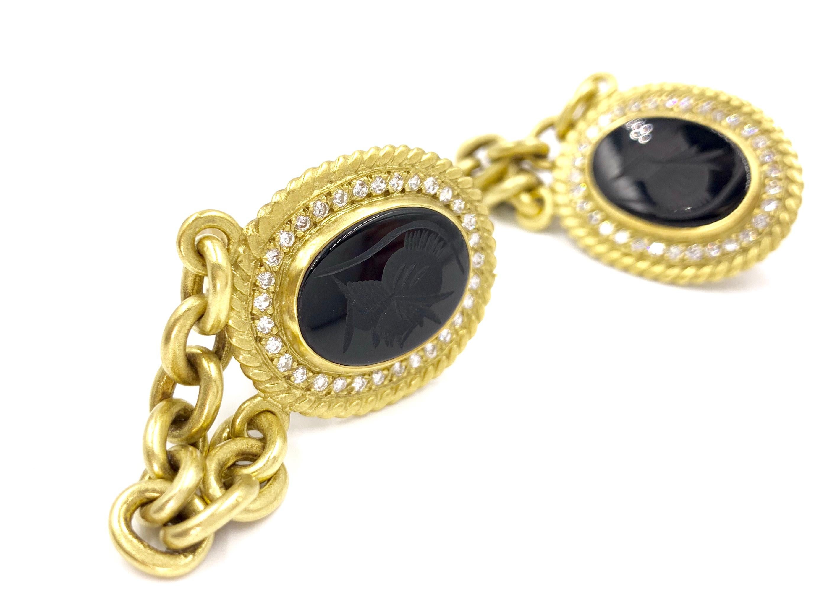 Women's 18 Karat Carved Onyx and Diamond Chain Drop Earrings For Sale