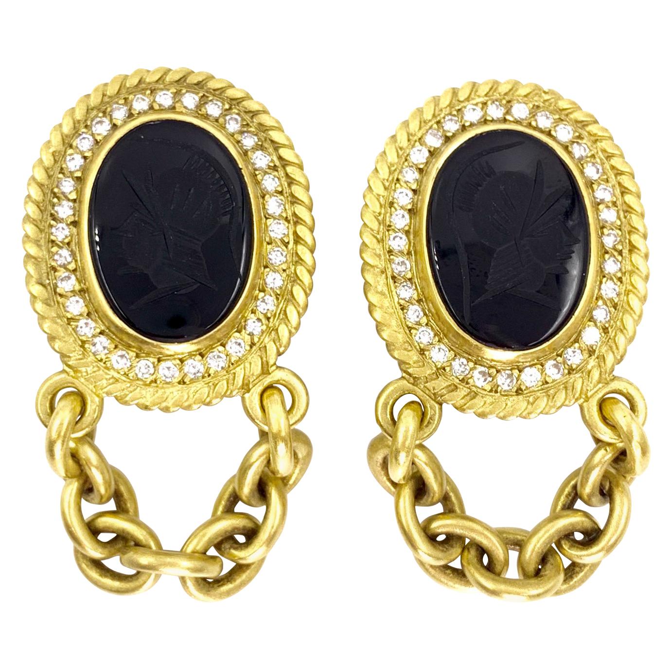 18 Karat Carved Onyx and Diamond Chain Drop Earrings For Sale