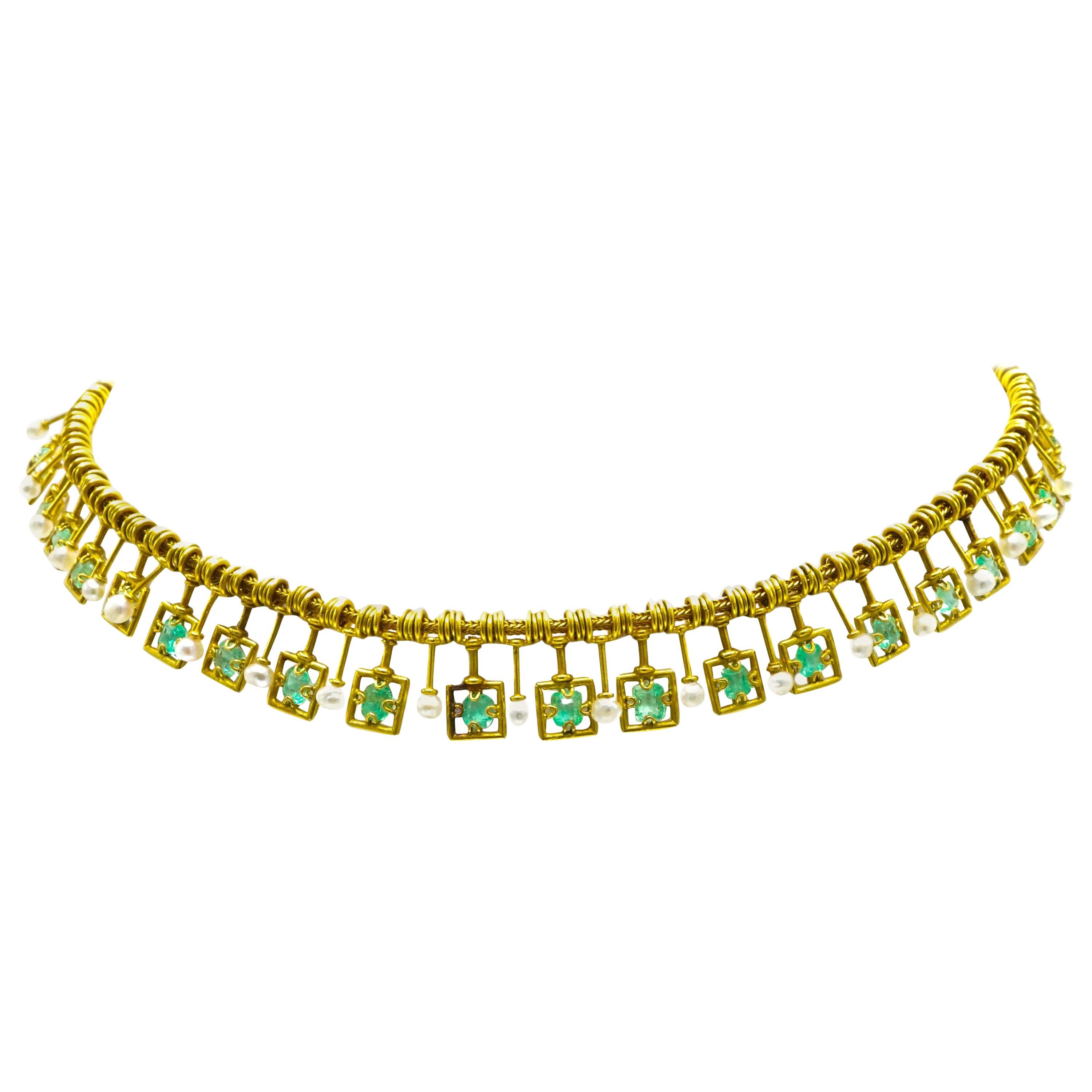  Castellani 18 Karat Emerald, Pearl, and Gold Necklace