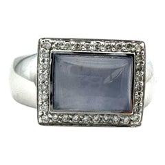 Contemporary 18K White Gold Chalcedony Diamond Halo Ring, Size 8