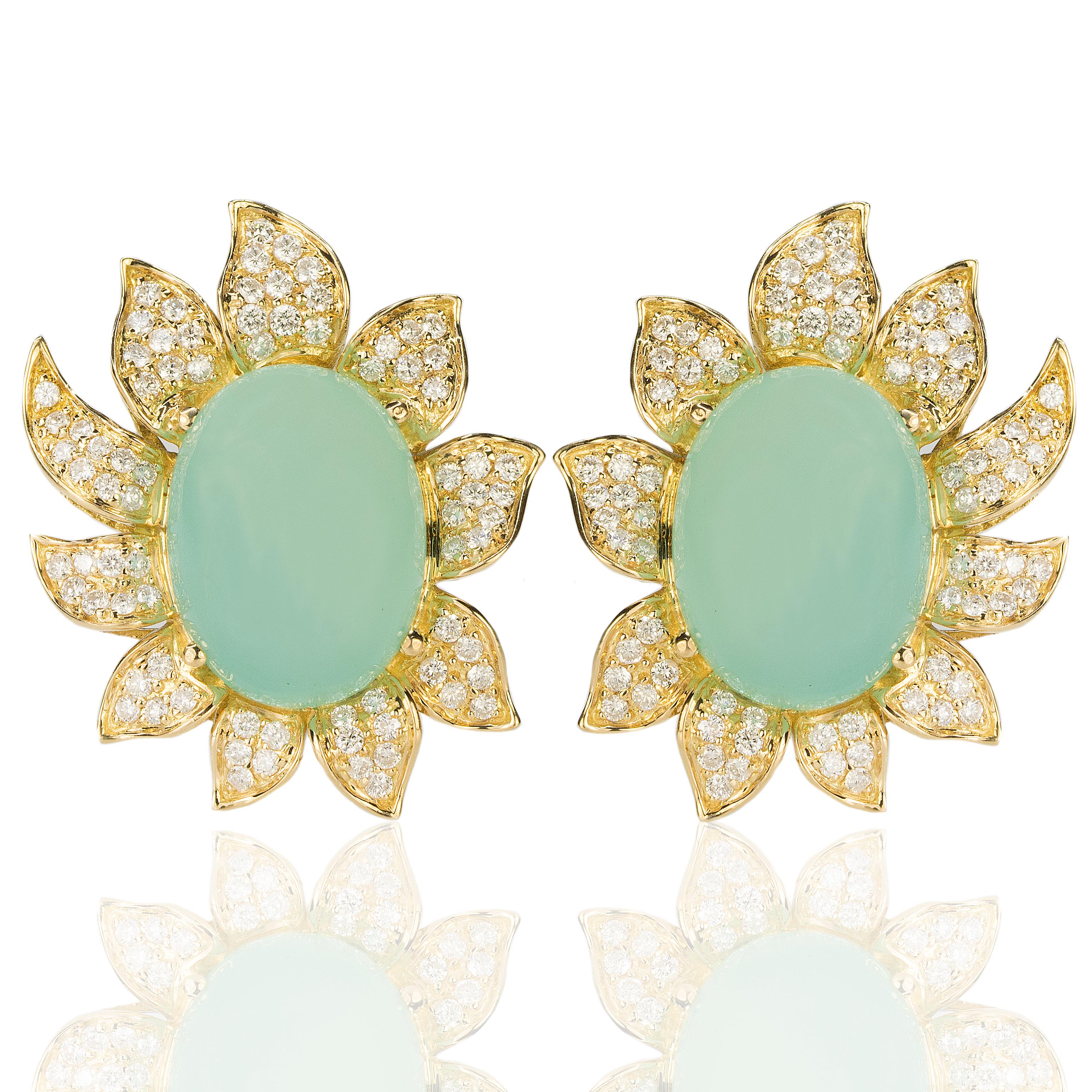 Large 18k Earrings set with two oval natural Chalcedony cabochons weighing 35.05 carats and approximately 4.50 carats of pave set modern round brilliant diamonds.