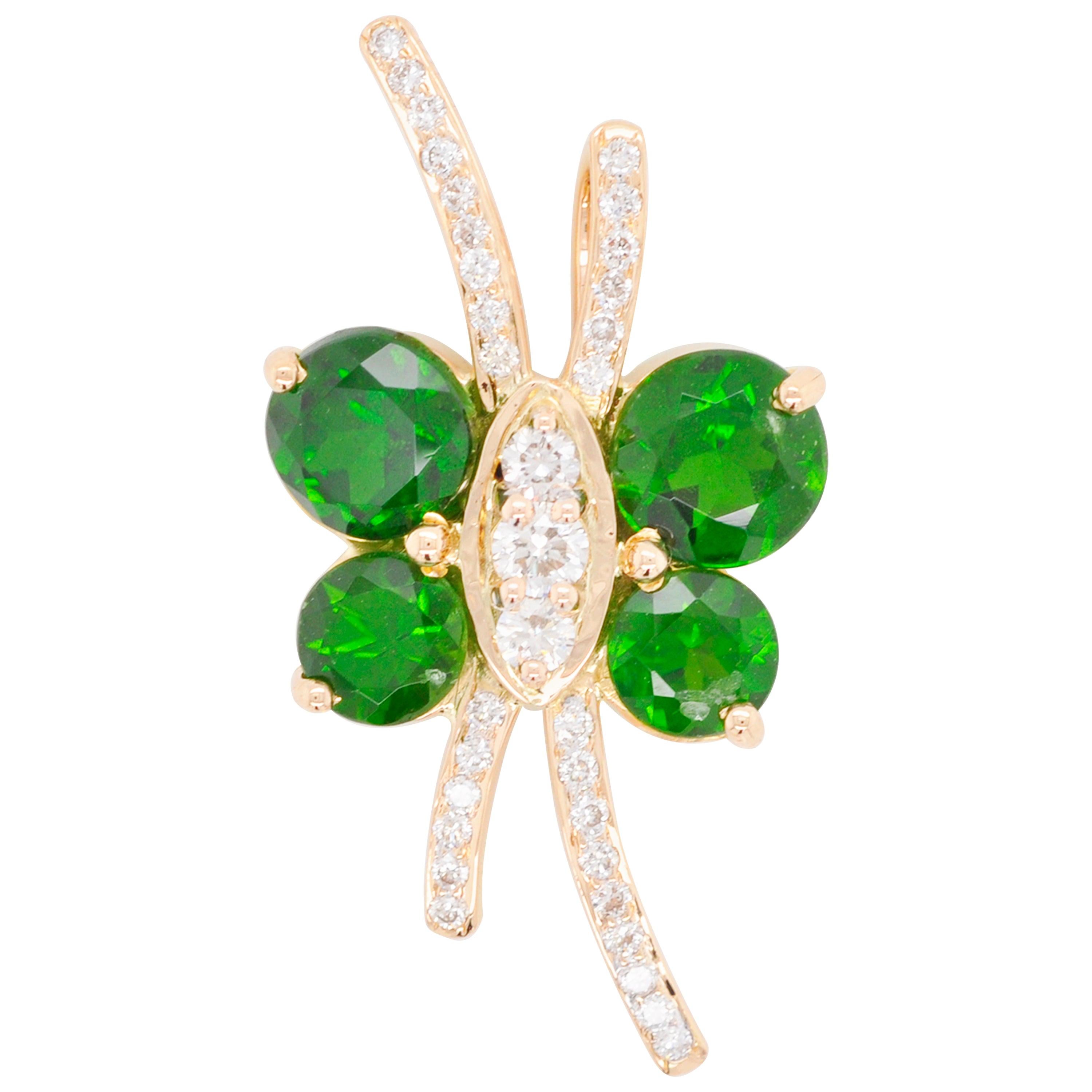 18 Karat Chrome Diopside Diamond Butterfly Pendant Necklace For Sale