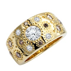 18 Karat Chunky Yellow Gold 
Diamond Wide Cigar Band Handmade Ring 1.53 Carats