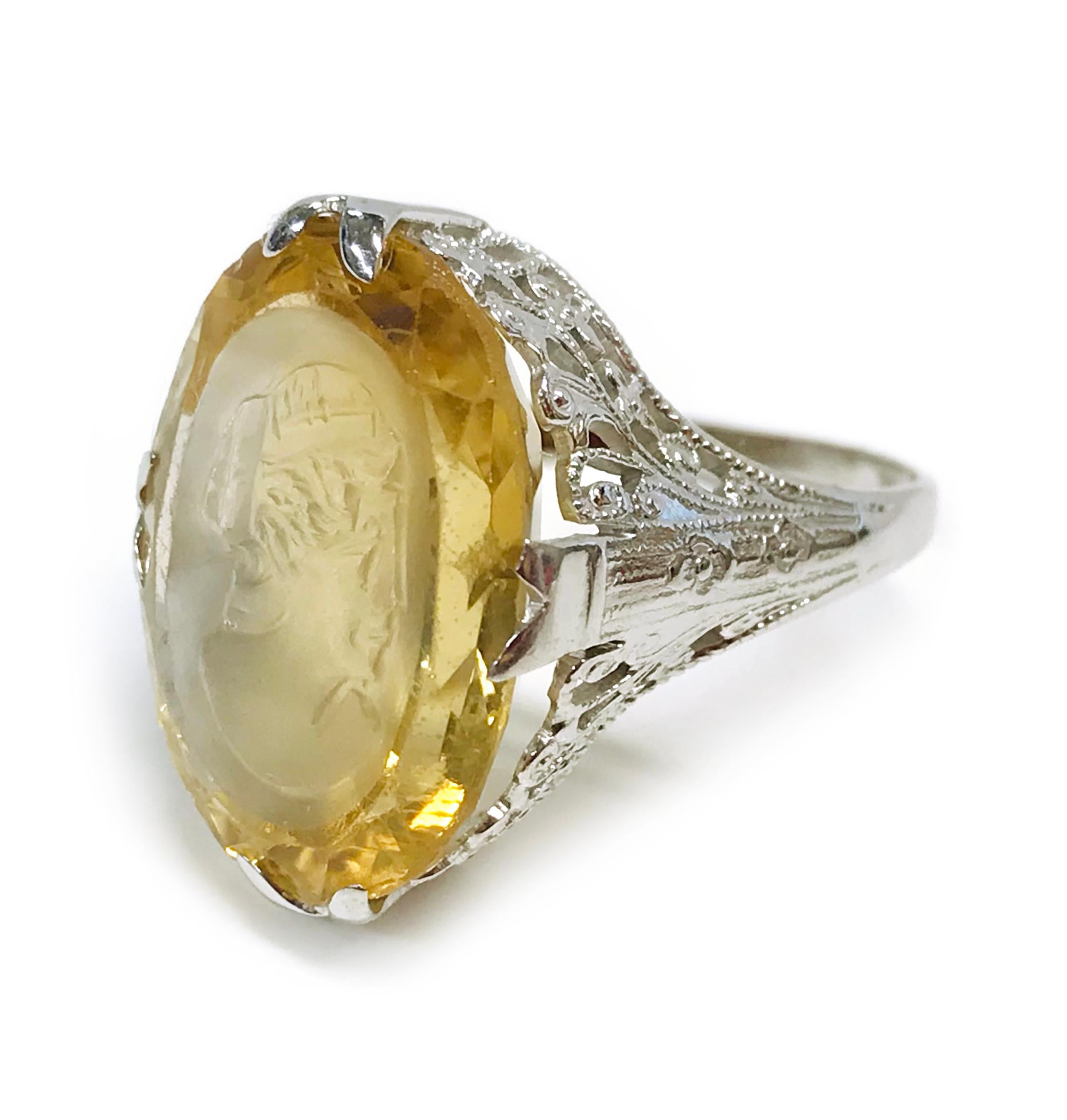 Art Deco White Gold Citrine Intaglio Ring For Sale