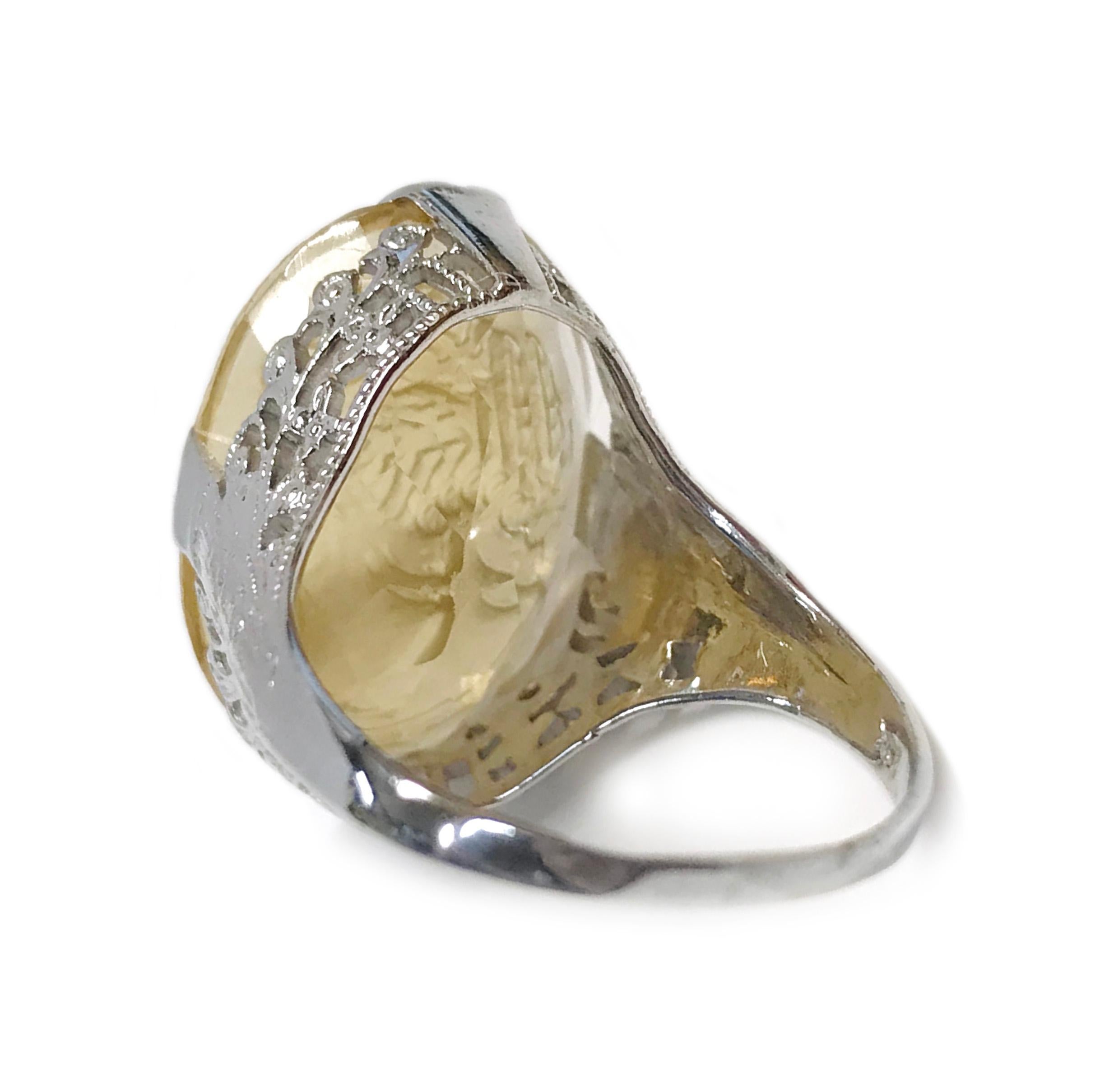 Women's or Men's White Gold Citrine Intaglio Ring For Sale