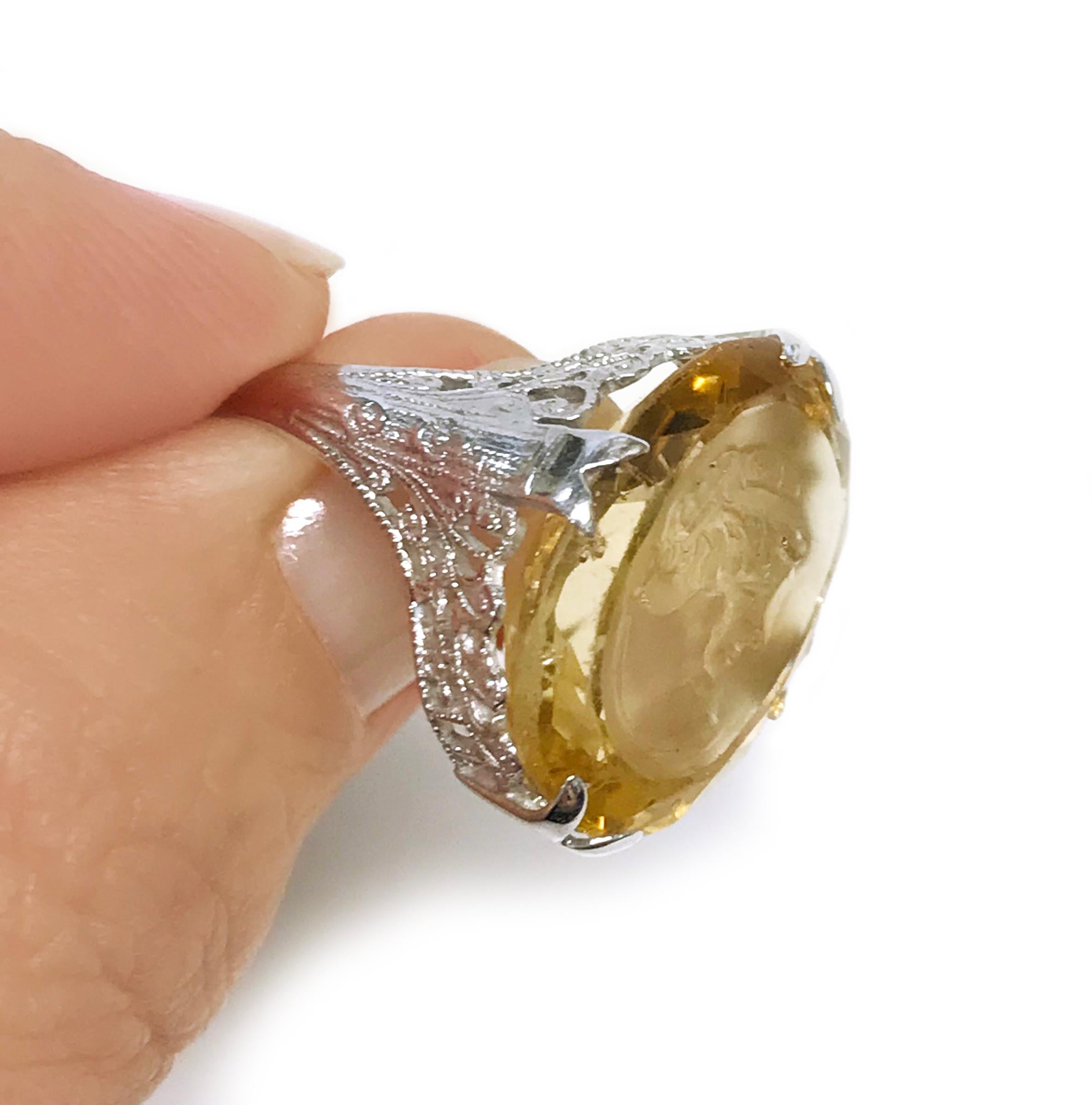 White Gold Citrine Intaglio Ring For Sale 1