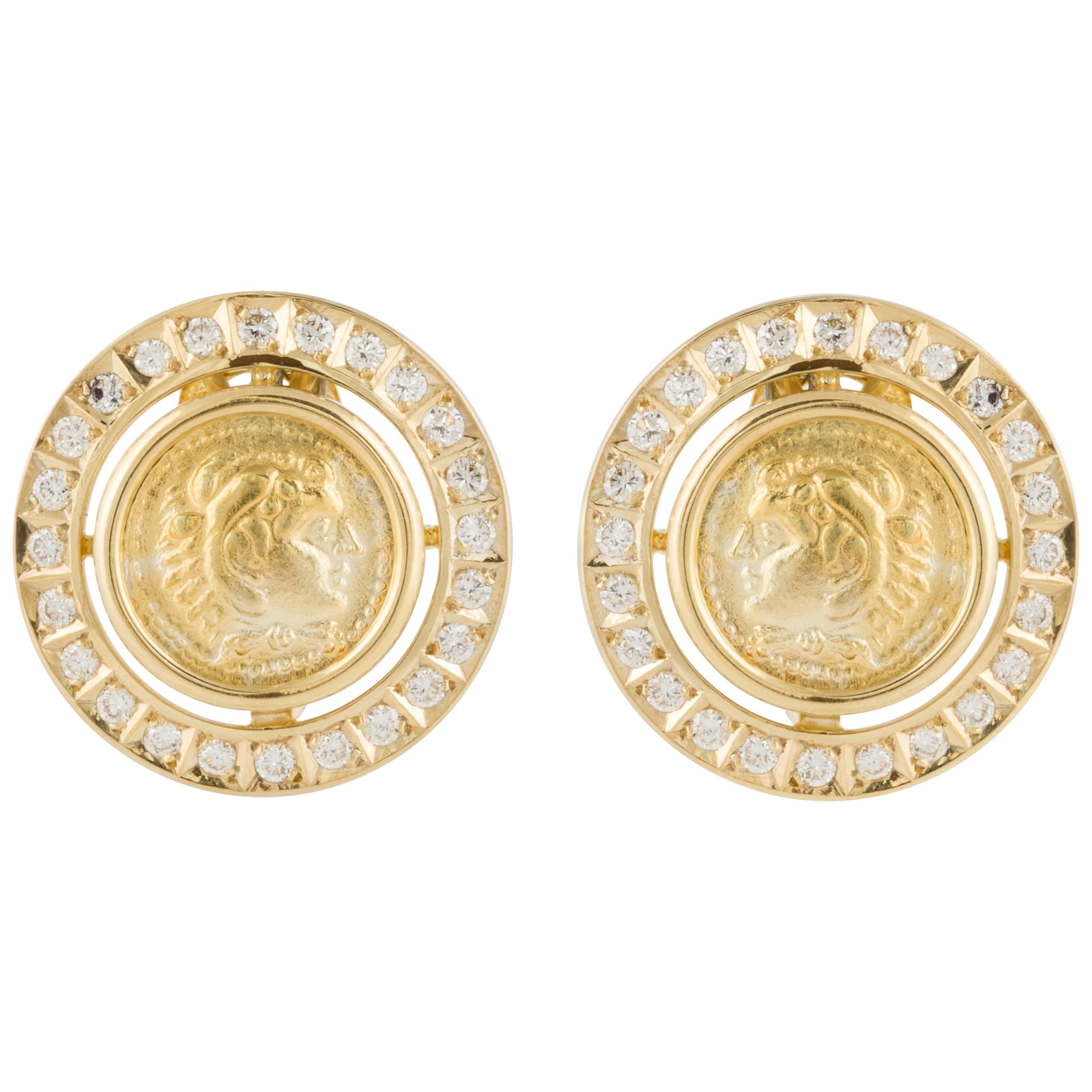 18K Gold Coin Earrings with Diamonds For Sale