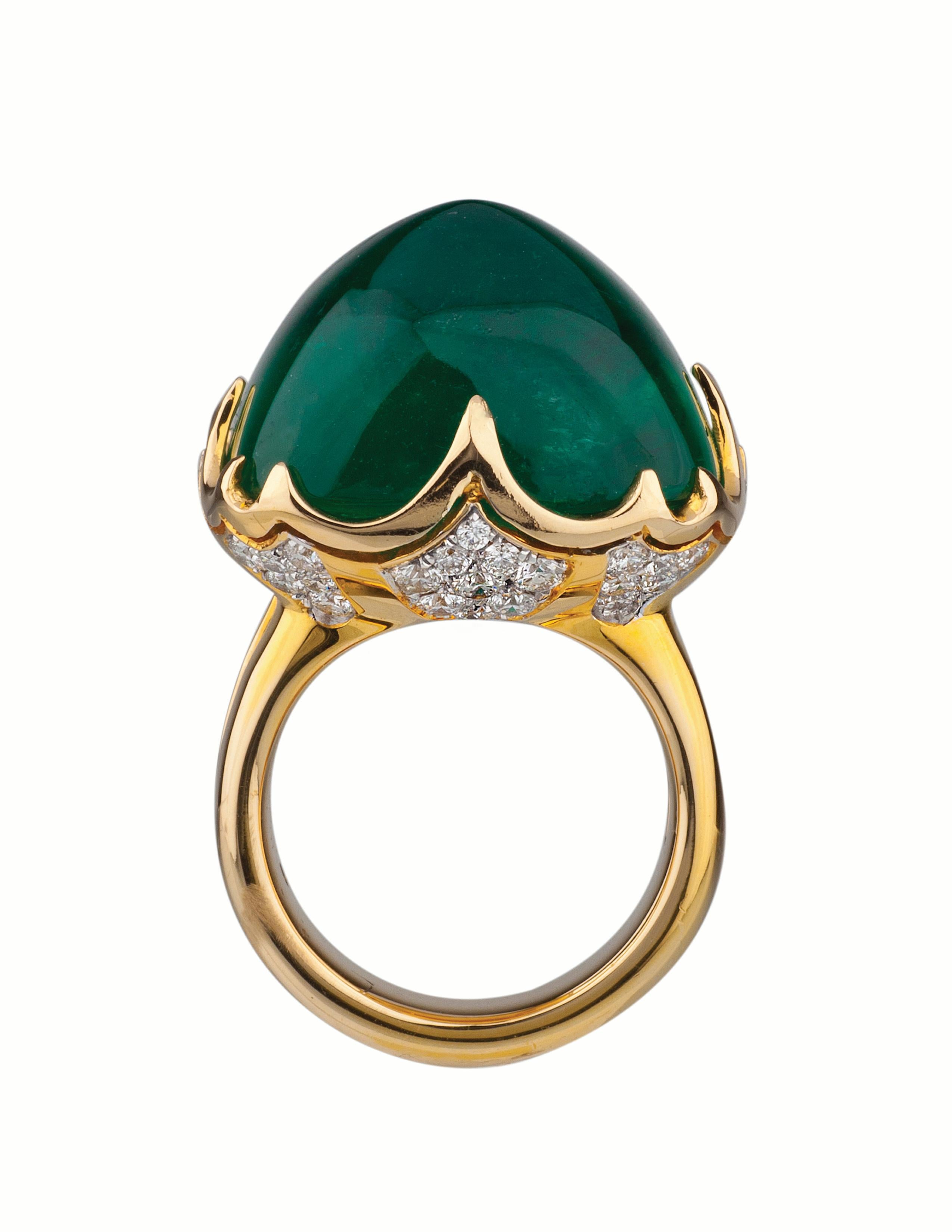 18k Ring with 34.77 carat Gubelin certified Colombian emerald cabochon and approximately 1.00 carats of diamonds