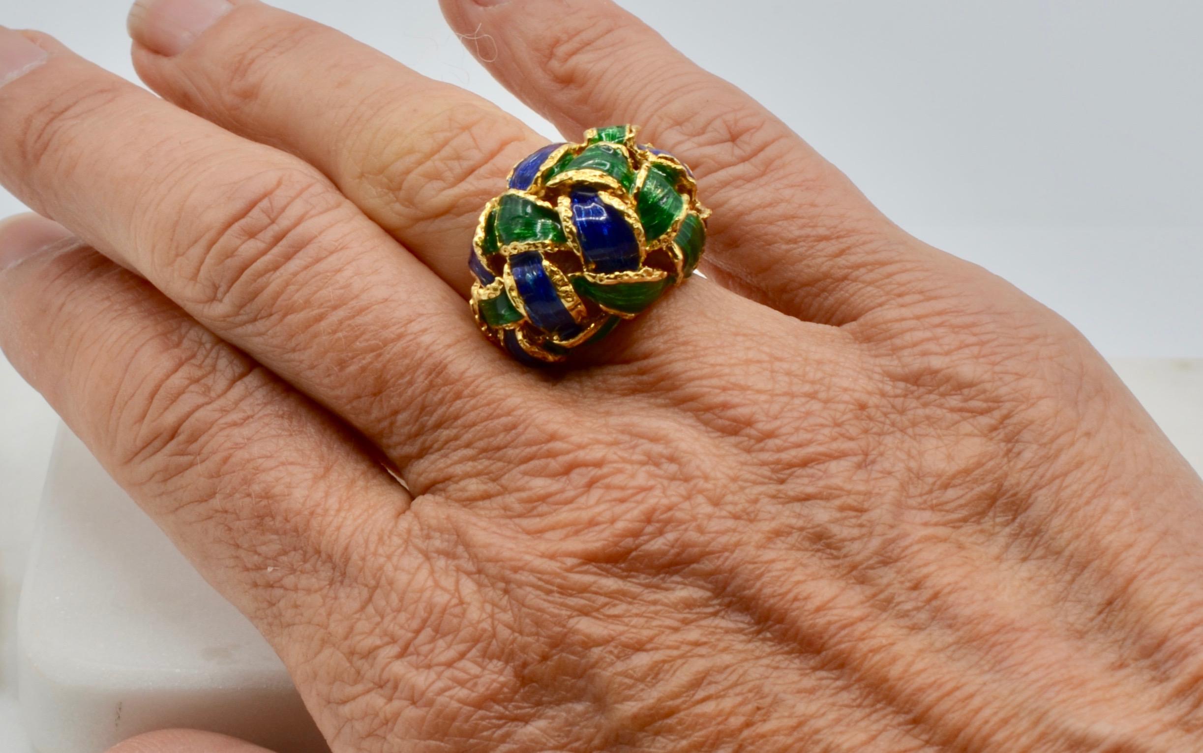 Modernist 18 Karat Colorful Woven Enamel Dome Ring For Sale