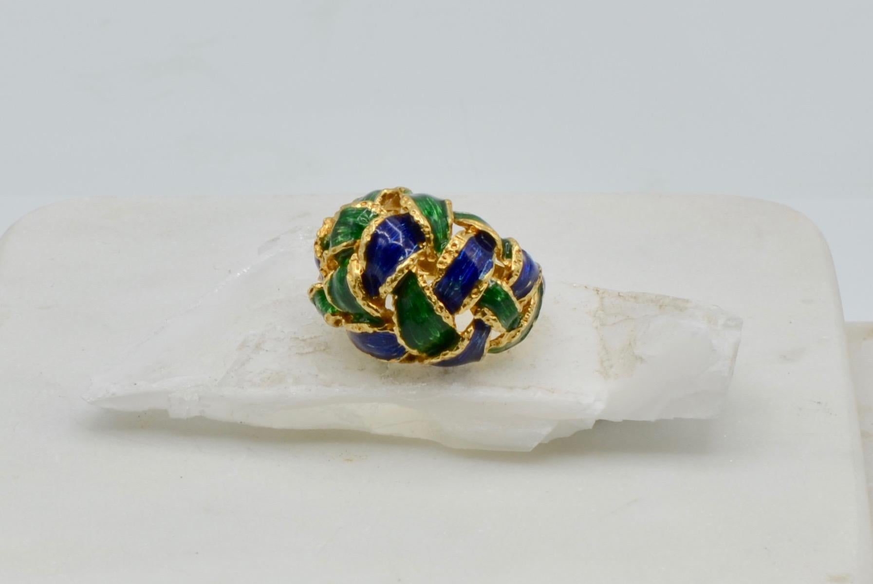 Women's or Men's 18 Karat Colorful Woven Enamel Dome Ring For Sale