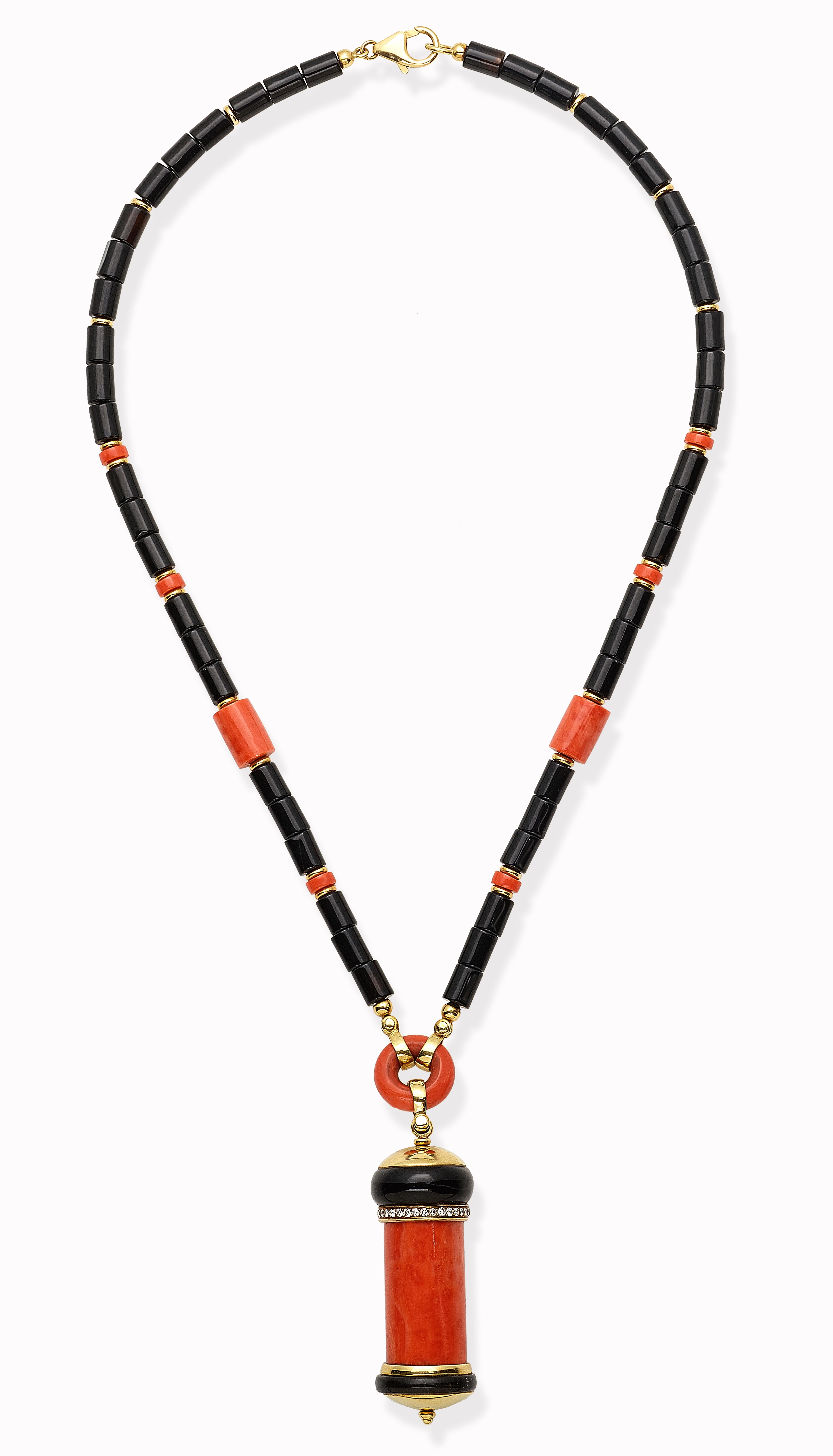 18 Karat Contemporary Art Deco Collier Necklace in Coral and Onyx and Diamonds In New Condition For Sale In Ariano Irpino, IT