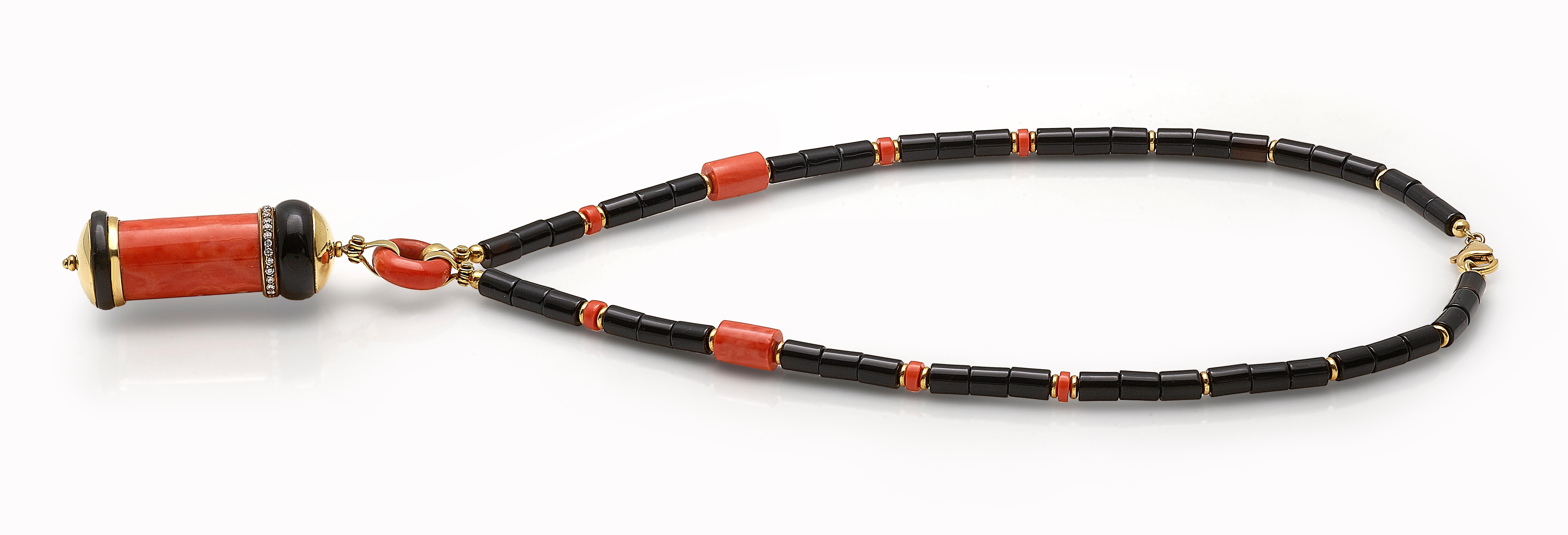 18 Karat Contemporary Art Deco Collier Necklace in Coral and Onyx and Diamonds For Sale 2