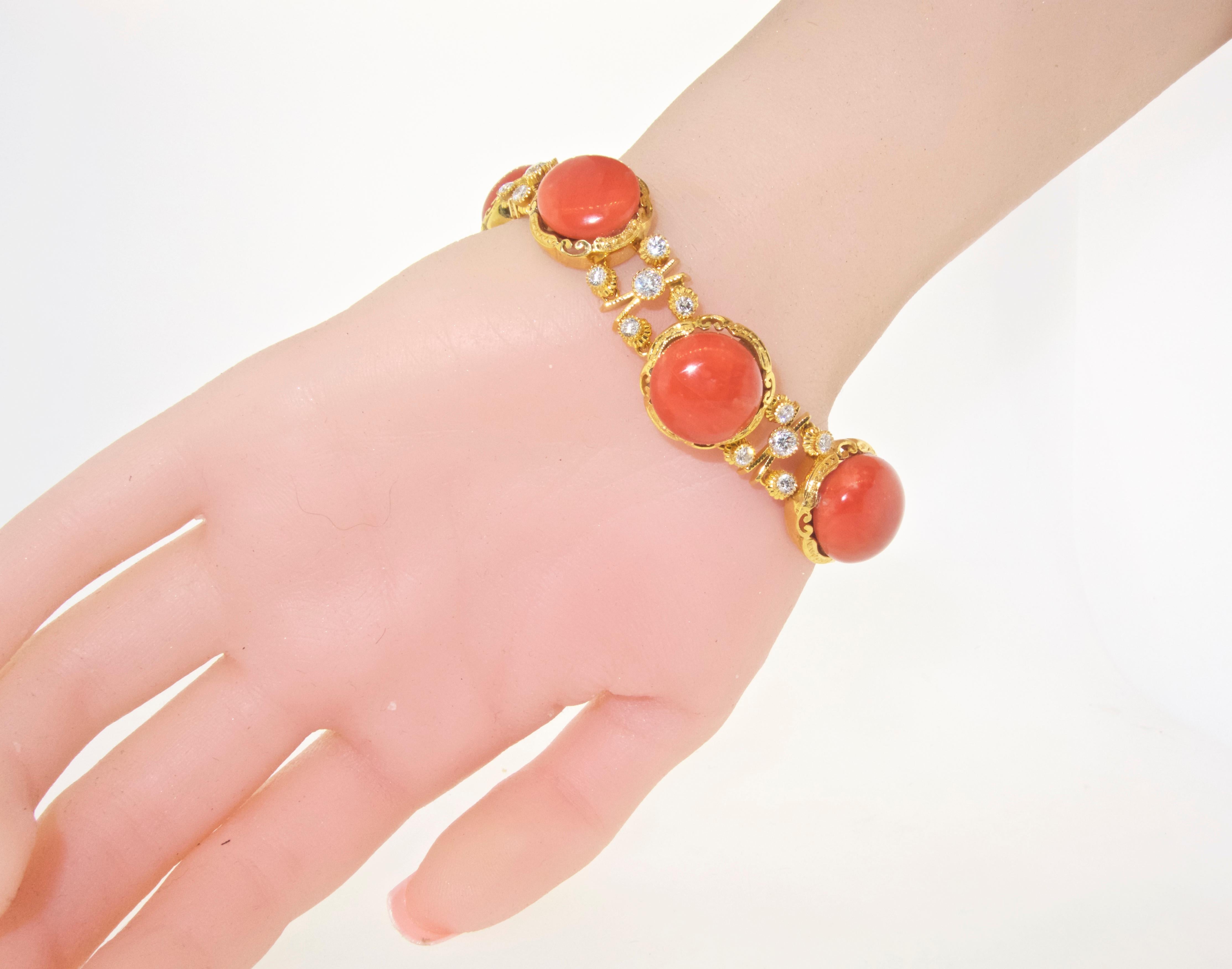 Contemporary 18 Karat, Coral and Diamond Bracelet