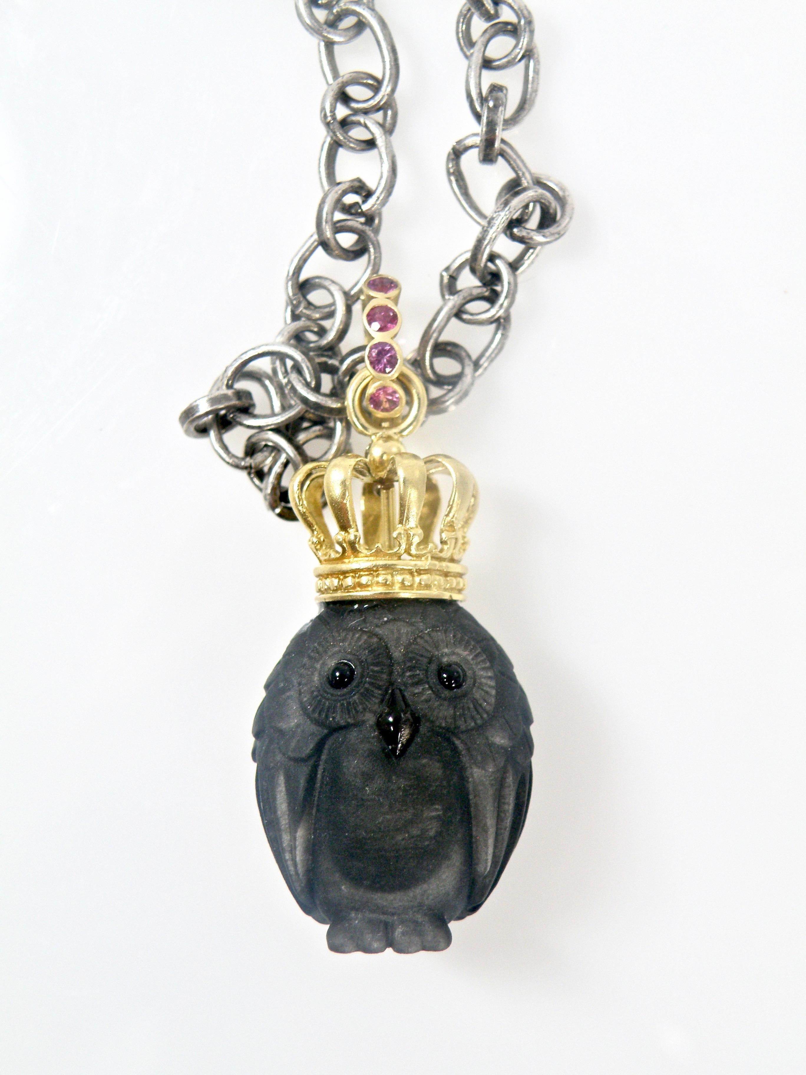 18 Karat Gold Crowned Labradorite Owl Pendant with Sapphire bail Pendant