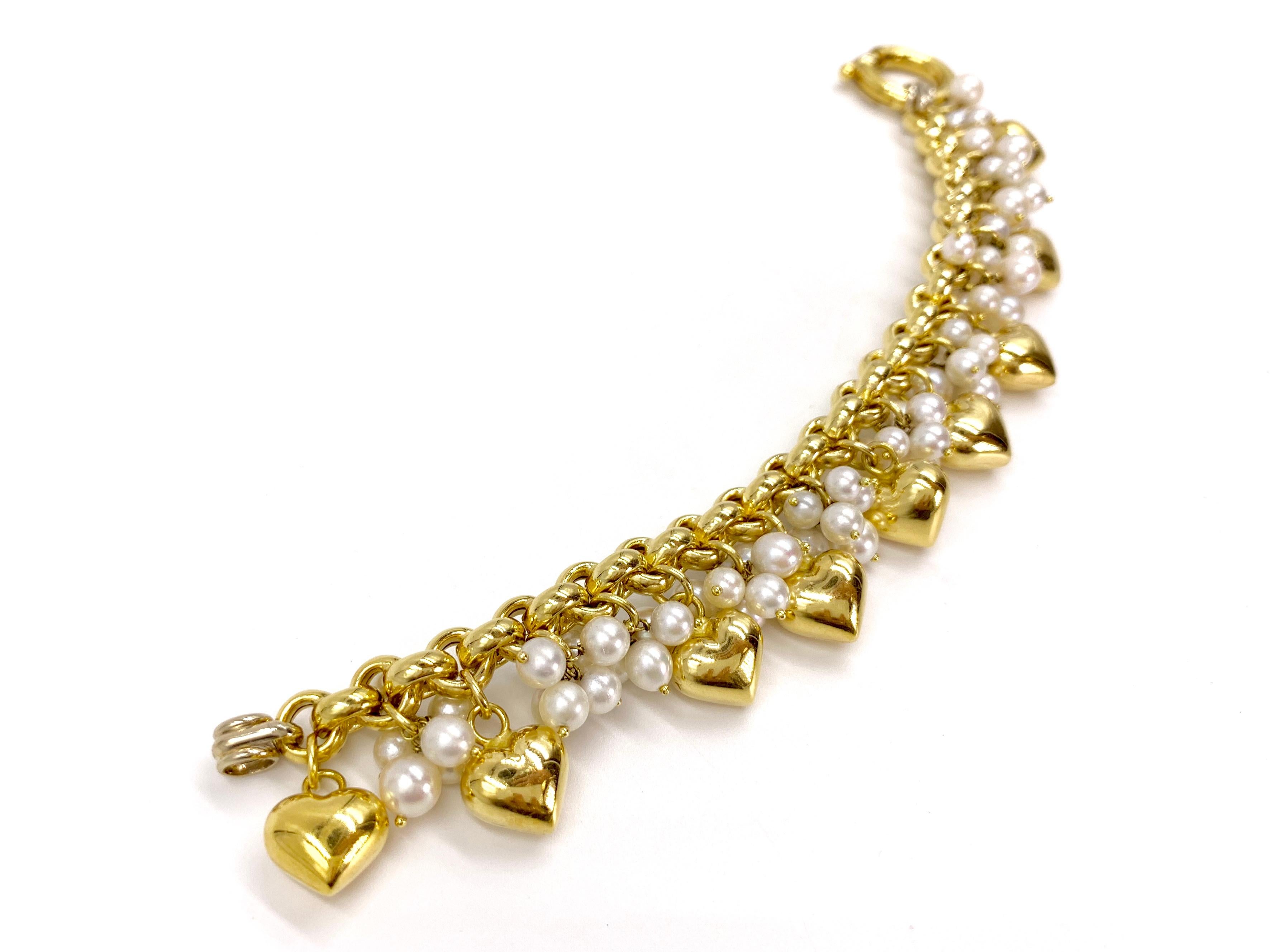 Women's 18 Karat Cultured Pearl and Puffed Heart Charm Style Bracelet