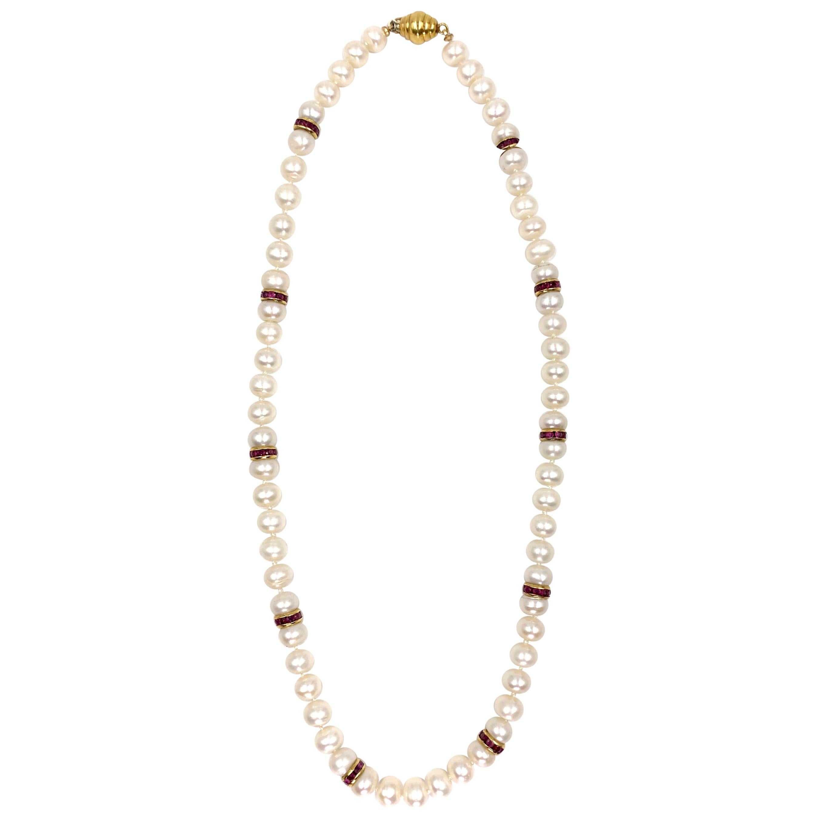 18 Karat Cultured Pearl and Ruby Necklace For Sale